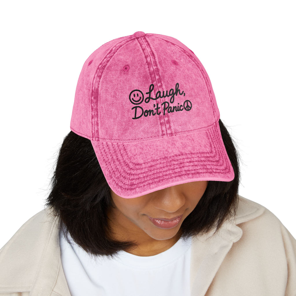 Vintage Embroidered Cap — "Laugh, Don’t Panic" Red Distressed Hat