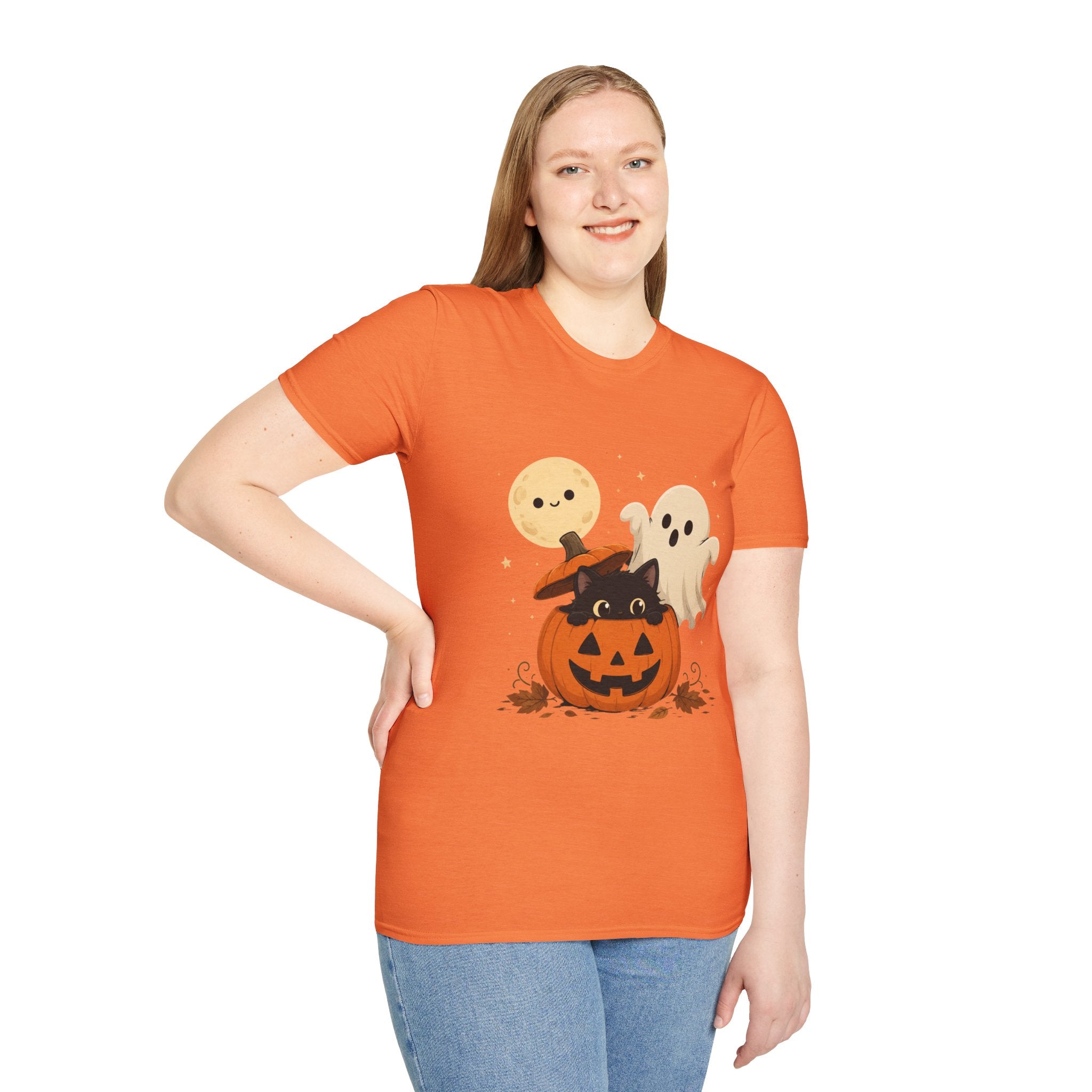 Cute Halloween Pumpkin Tee — Ghost, Moon & Black Cat Graphic T-Shirt