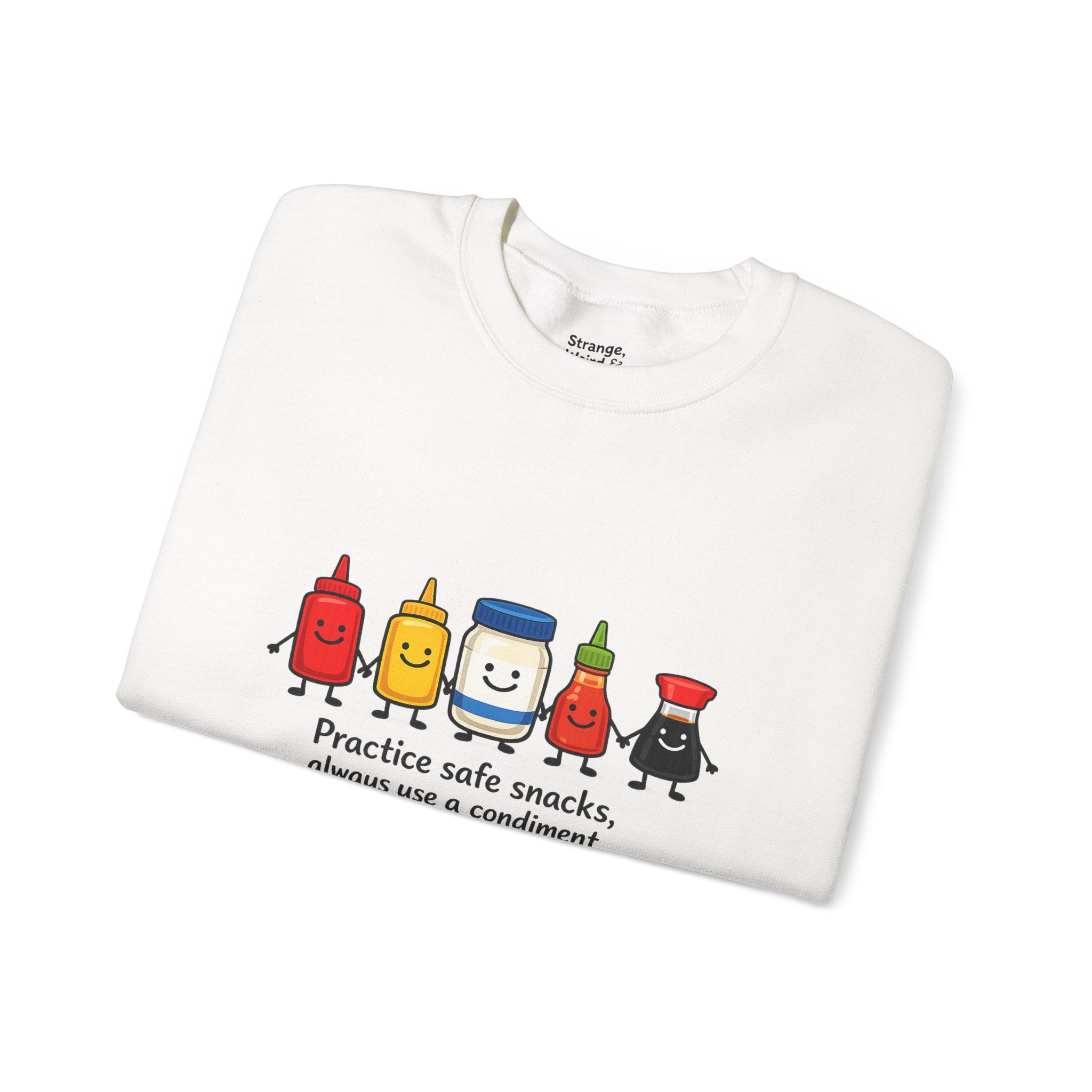 Condiment Cartoon 'Practice Safe Snacks' Sweatshirt | Ketchup Mustard Mayo Funny Food Design