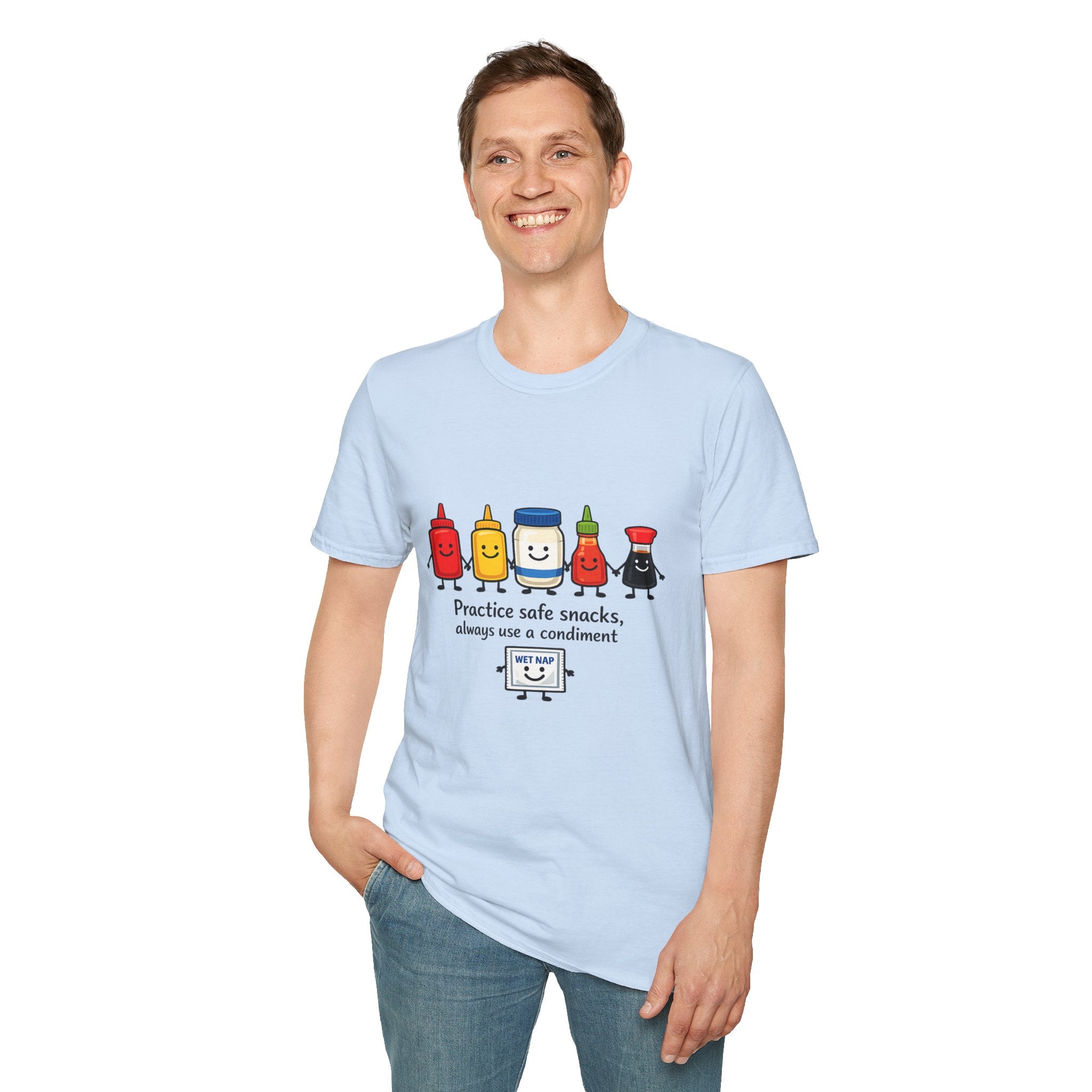 Practice Safe Snacks condiment characters T-Shirt | Ketchup Mustard Peanut Butter Jelly