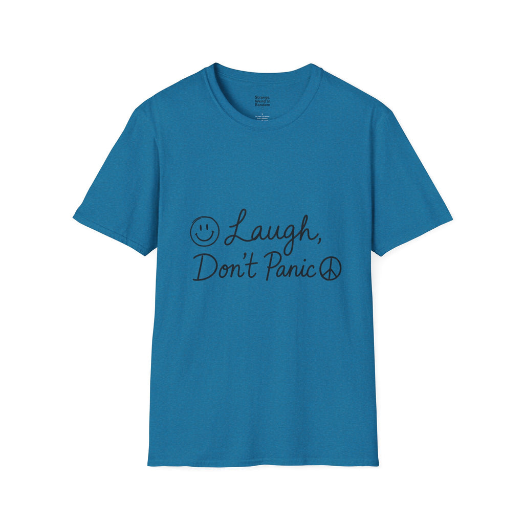 Laugh Don't Panic T-Shirt | Smiley Peace Sign Typography
