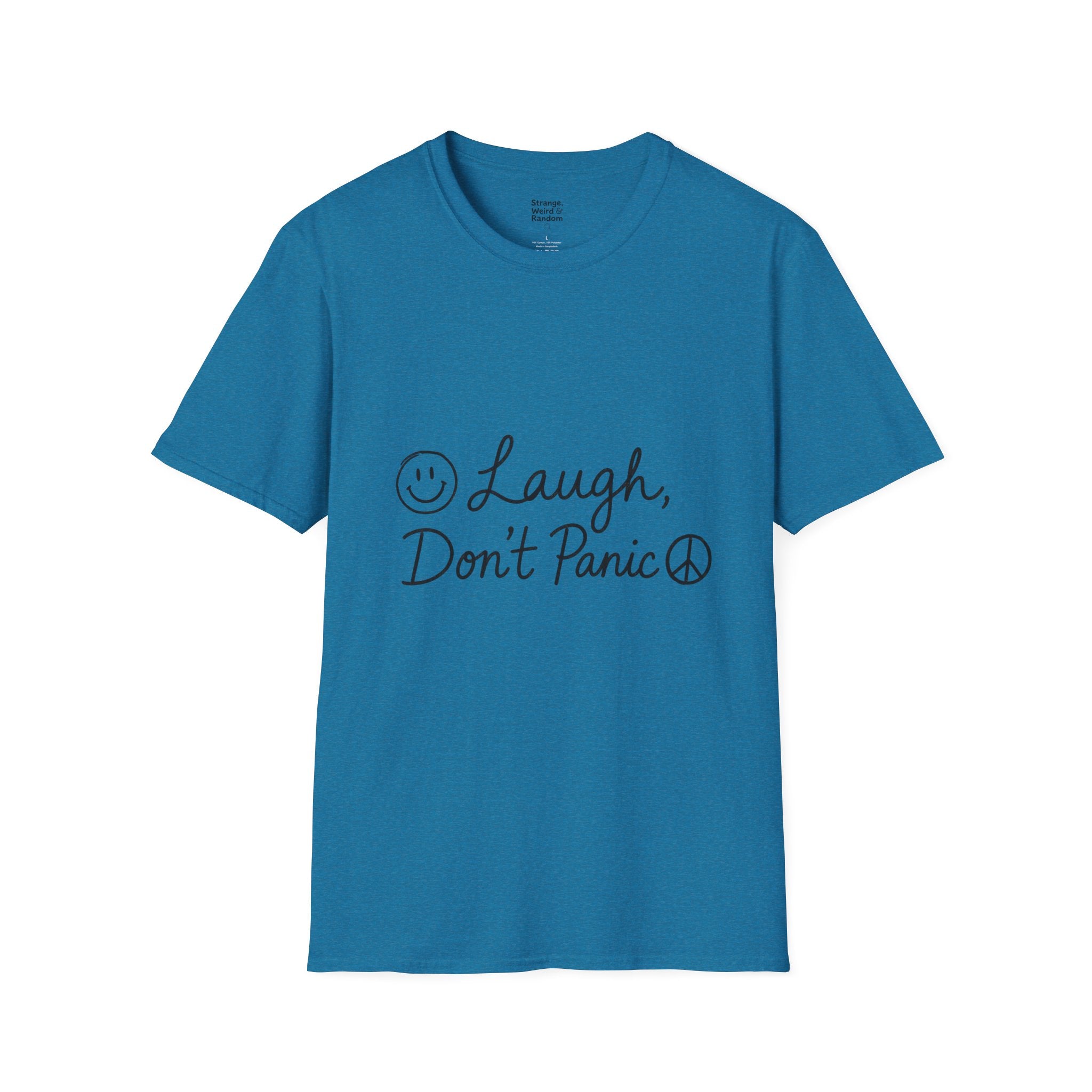 Laugh Don't Panic T-Shirt | Smiley Peace Sign Typography