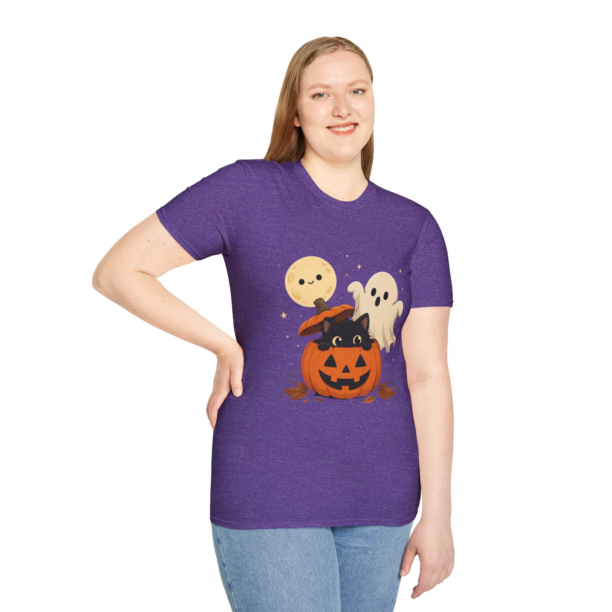 Cute Halloween Pumpkin Tee — Ghost, Moon & Black Cat Graphic T-Shirt