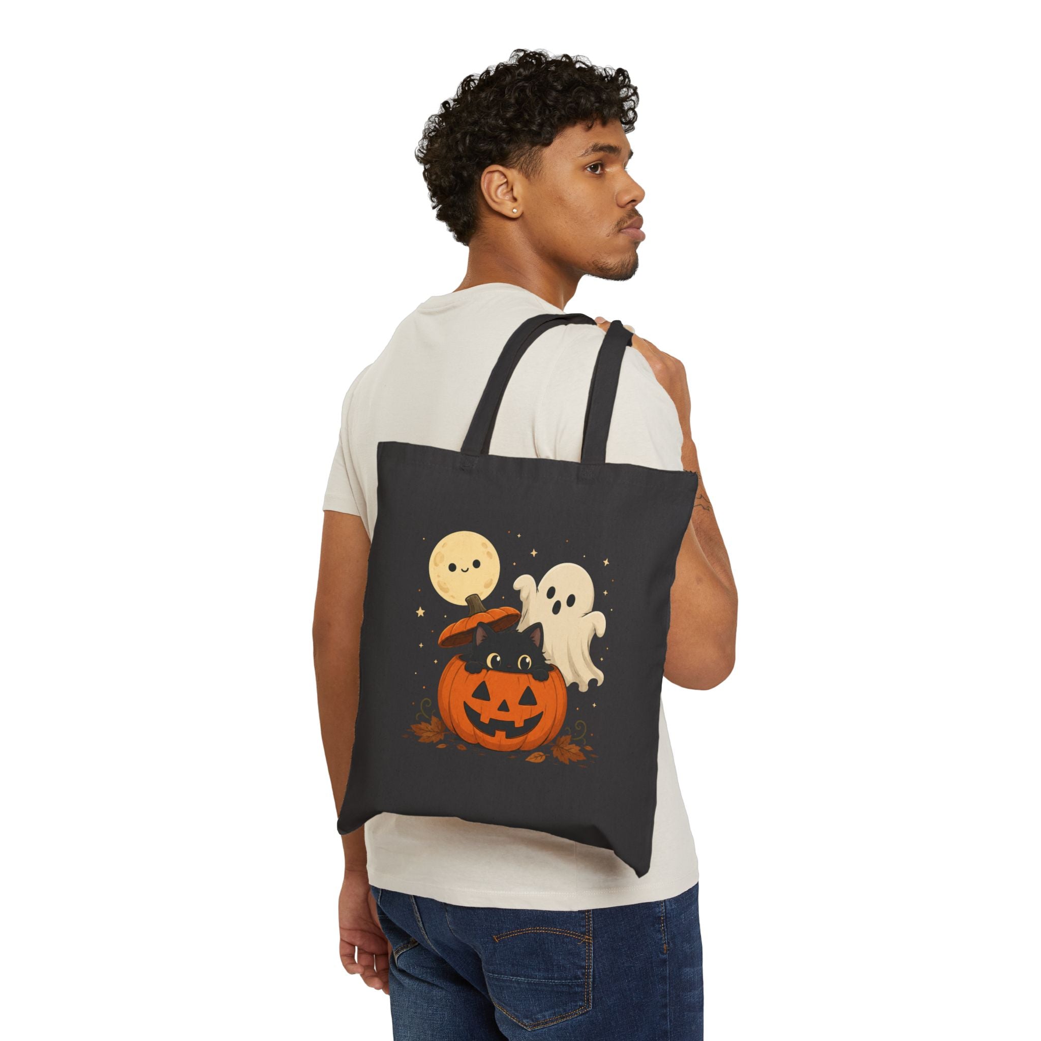 Reusable Double Sided Trick-or-Treat Bag Halloween Cotton Canvas Tote — Cute Pumpkin with Black Cat & Ghosts, Trick or Treat