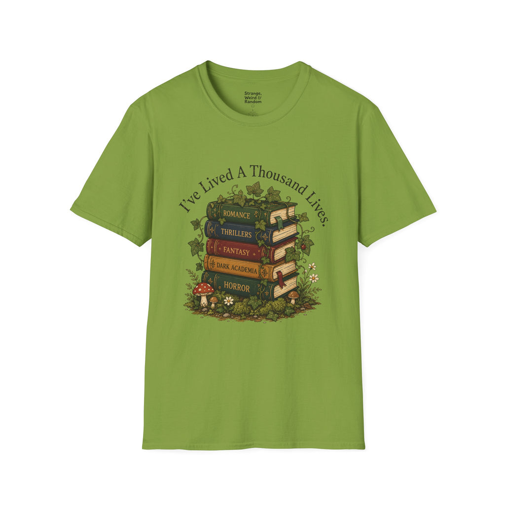 Book Lover T-Shirt — "I've Lived A Thousand Lives" Vintage Stack of Books Design