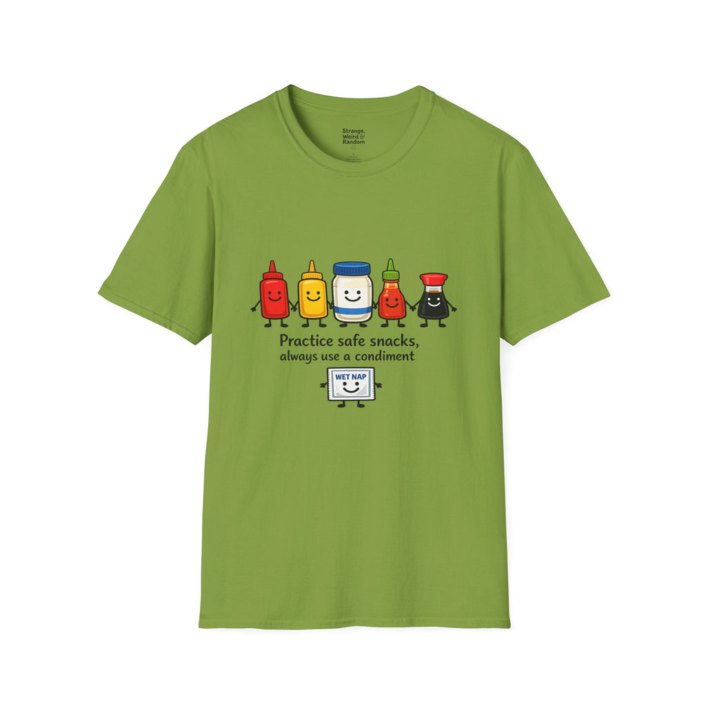 Practice Safe Snacks condiment characters T-Shirt | Ketchup Mustard Peanut Butter Jelly