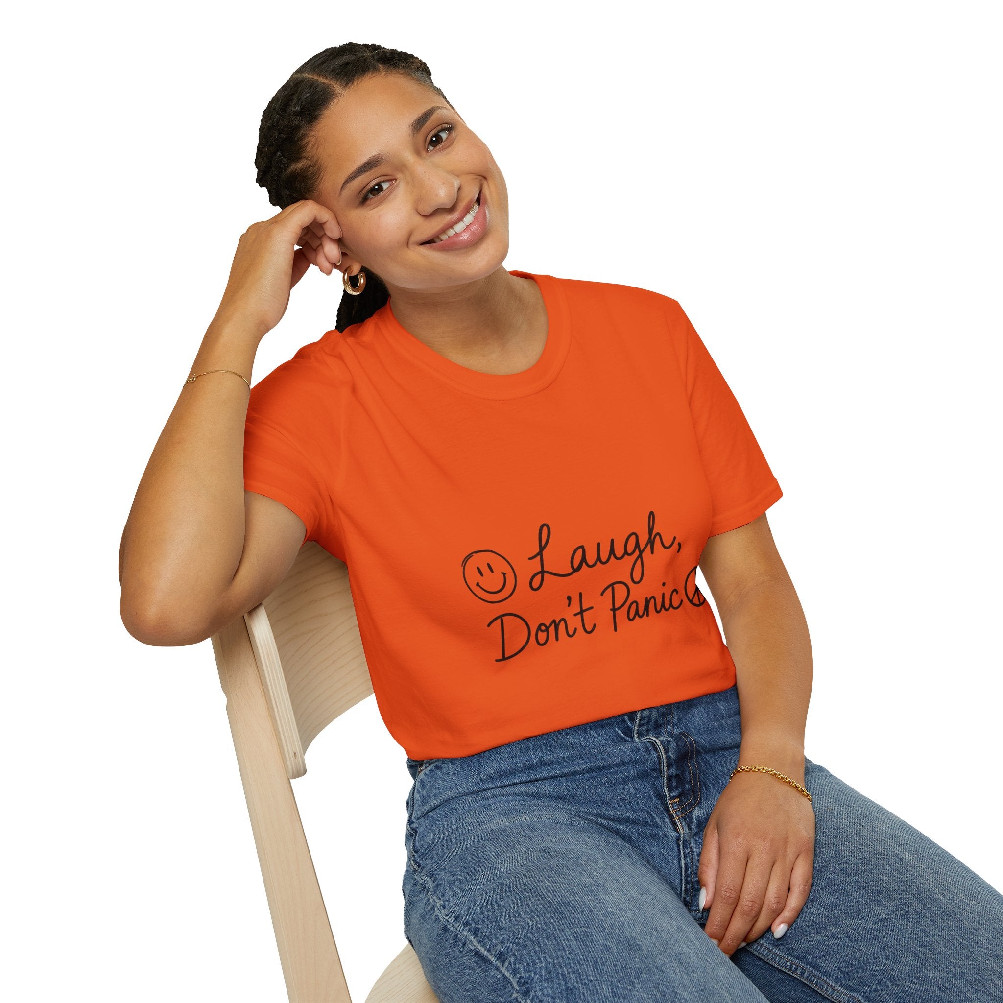 Laugh Don't Panic T-Shirt | Smiley Peace Sign Typography