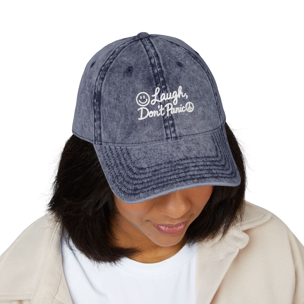 Vintage Red Embroidered Cap – “Laugh Don’t Panic” Smiley Dad Hat