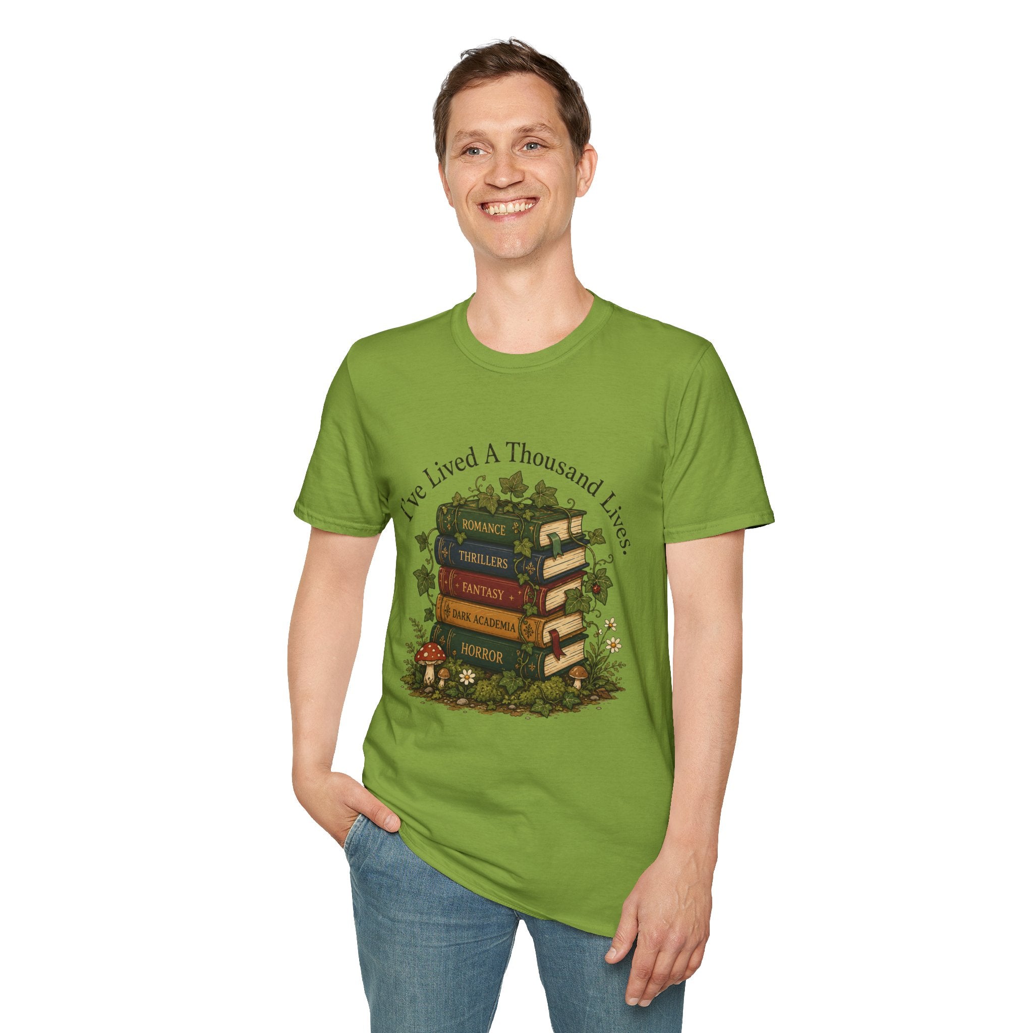 Book Lover T-Shirt — "I've Lived A Thousand Lives" Vintage Stack of Books Design