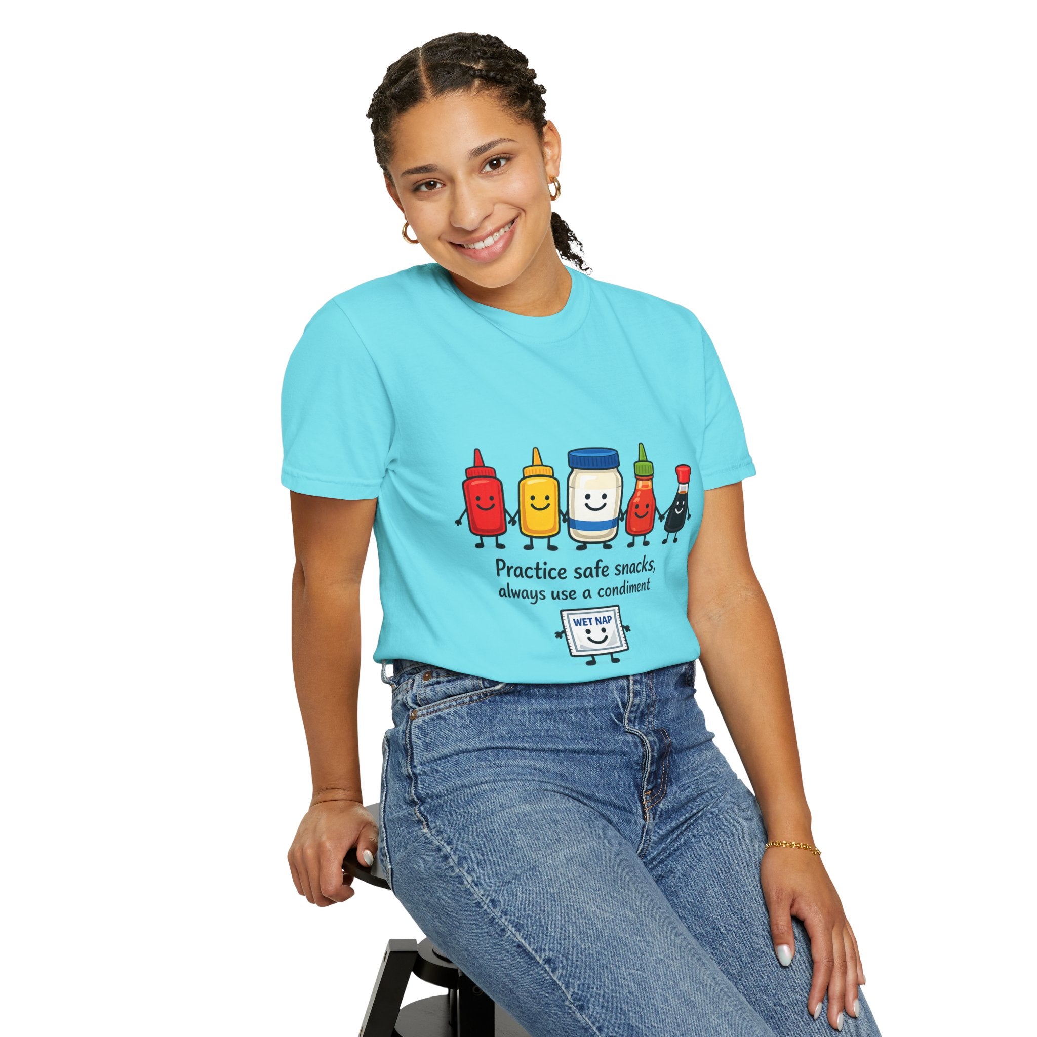 Condom Cartoon T-Shirt — "Practice Safe Snacks" Funny Safe Sex Graphic Tee