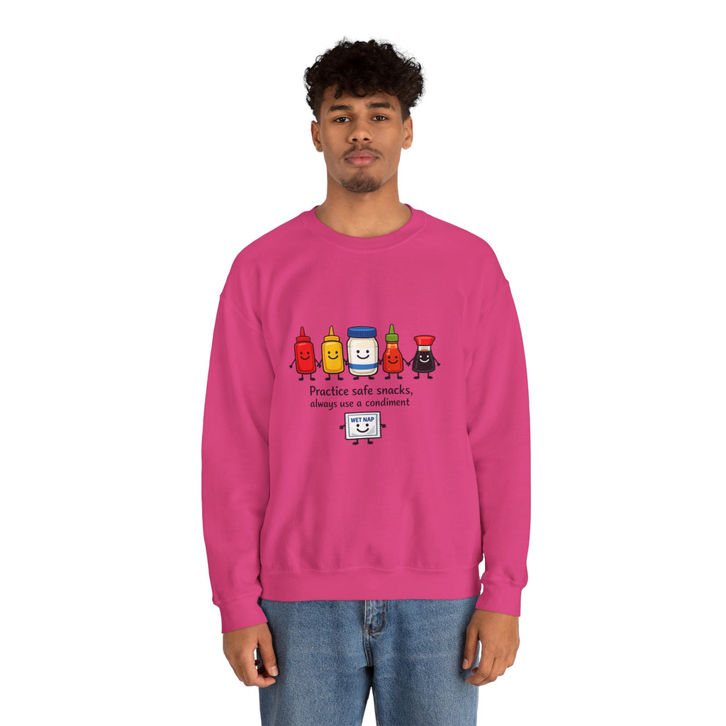 Condiment Cartoon 'Practice Safe Snacks' Sweatshirt | Ketchup Mustard Mayo Funny Food Design