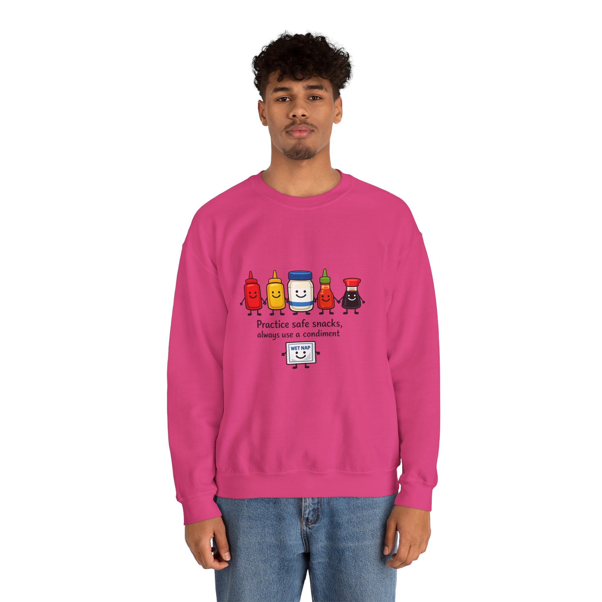 Condiment Cartoon 'Practice Safe Snacks' Sweatshirt | Ketchup Mustard Mayo Funny Food Design