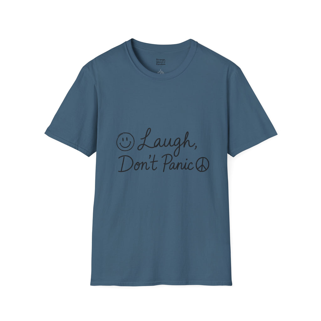 Laugh Don't Panic T-Shirt | Smiley Peace Sign Typography
