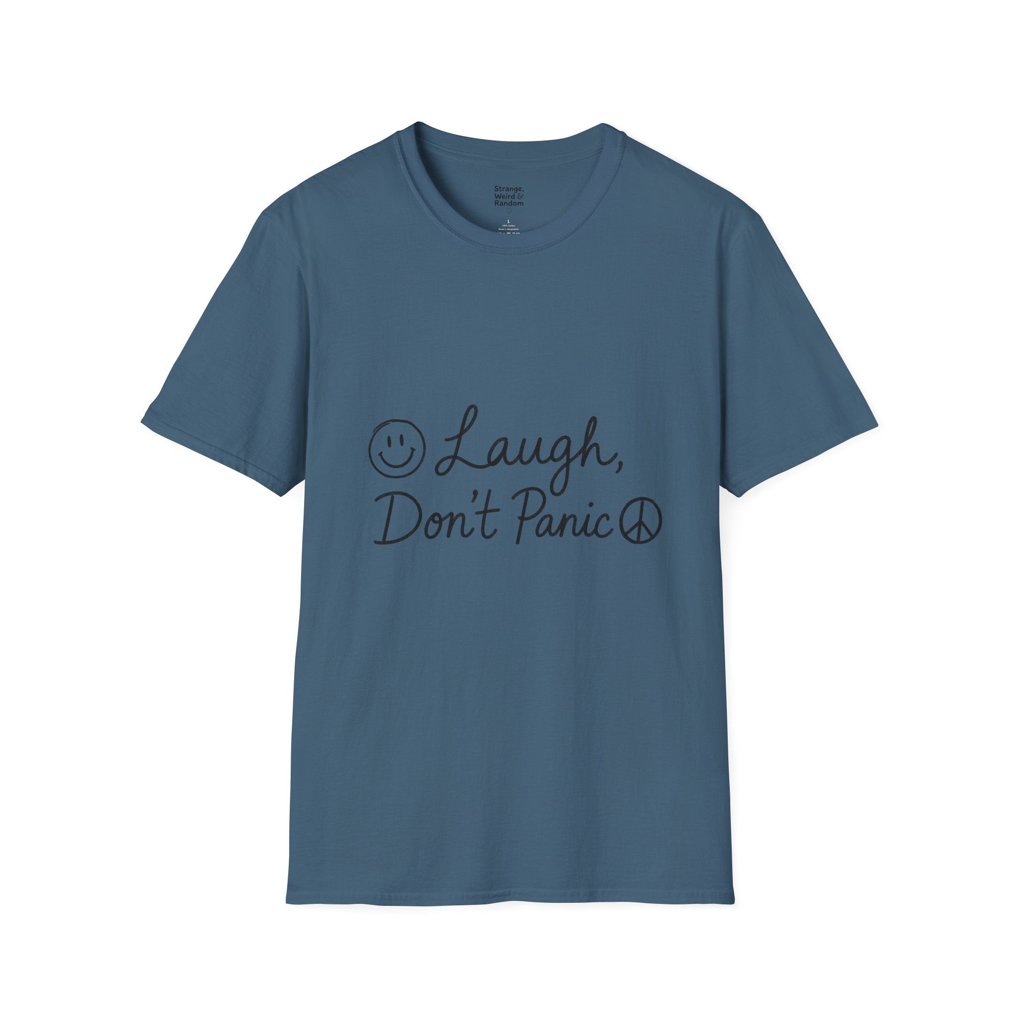 Laugh Don't Panic T-Shirt | Smiley Peace Sign Typography