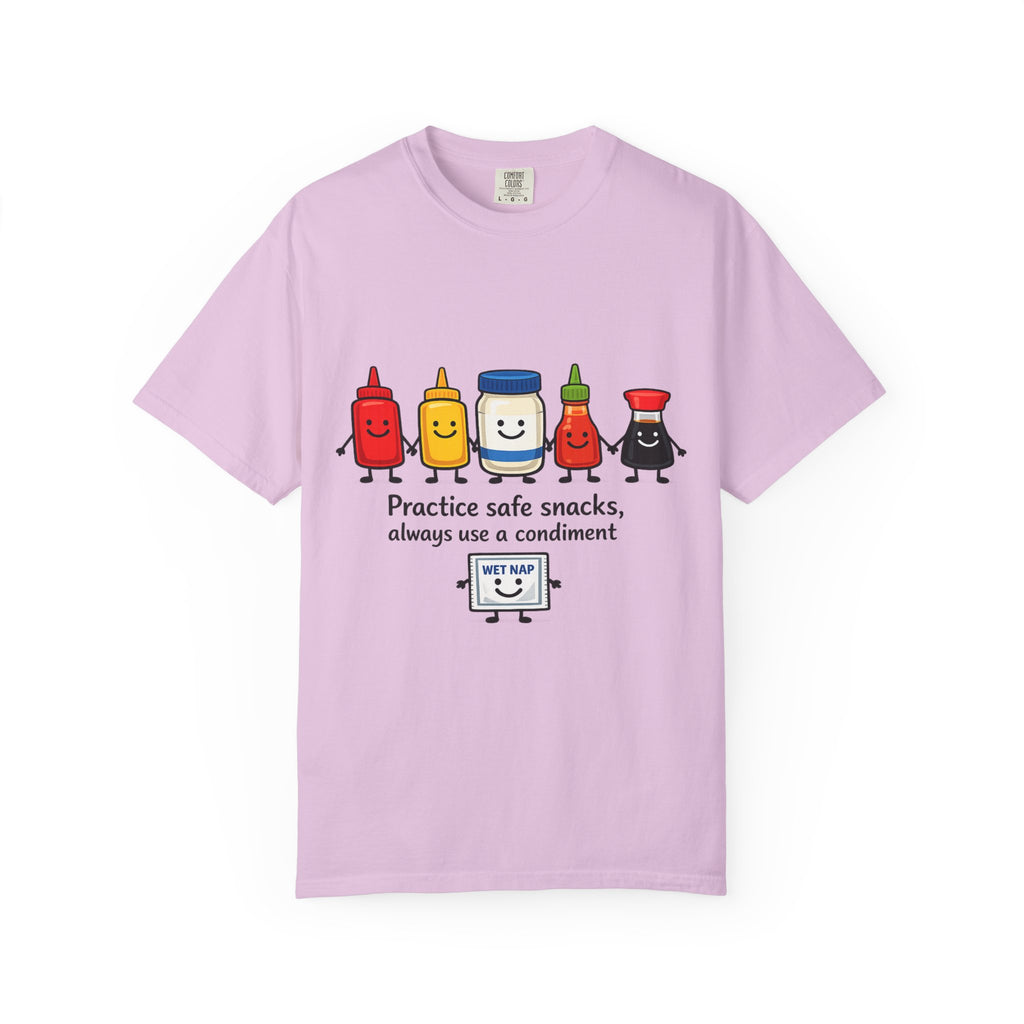 Condom Cartoon T-Shirt — "Practice Safe Snacks" Funny Safe Sex Graphic Tee