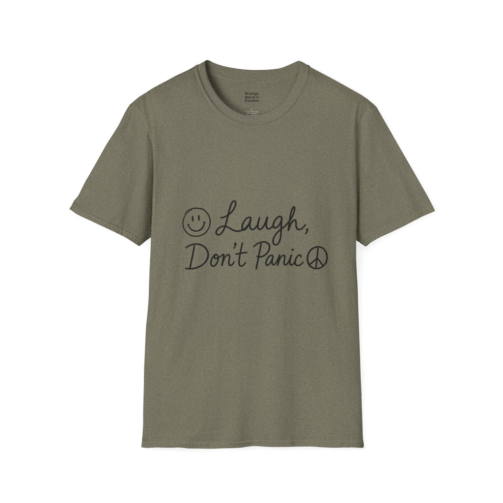 Laugh Don't Panic T-Shirt | Smiley Peace Sign Typography