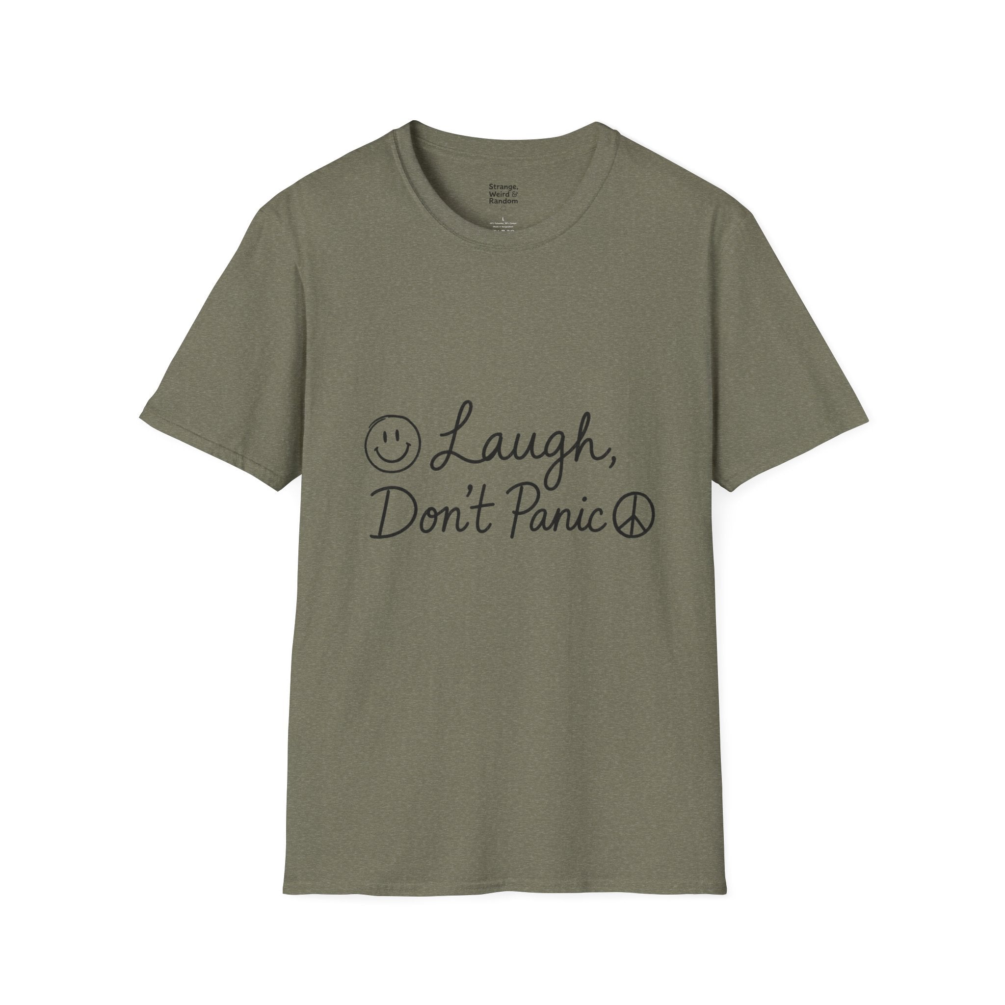 Laugh Don't Panic T-Shirt | Smiley Peace Sign Typography