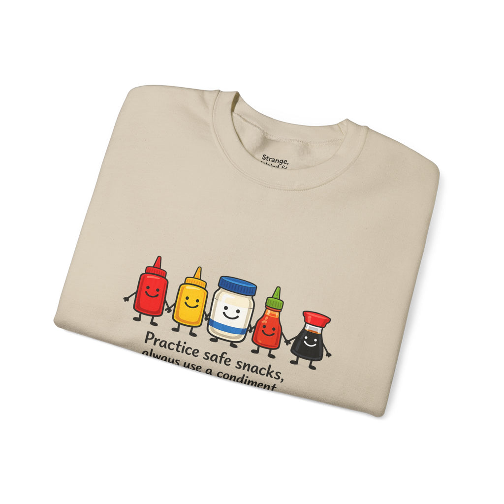 Condiment Cartoon 'Practice Safe Snacks' Sweatshirt | Ketchup Mustard Mayo Funny Food Design