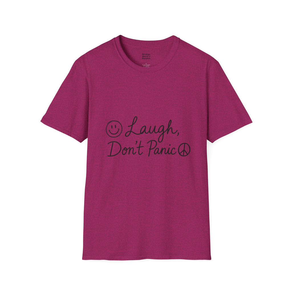 Laugh Don't Panic T-Shirt | Smiley Peace Sign Typography