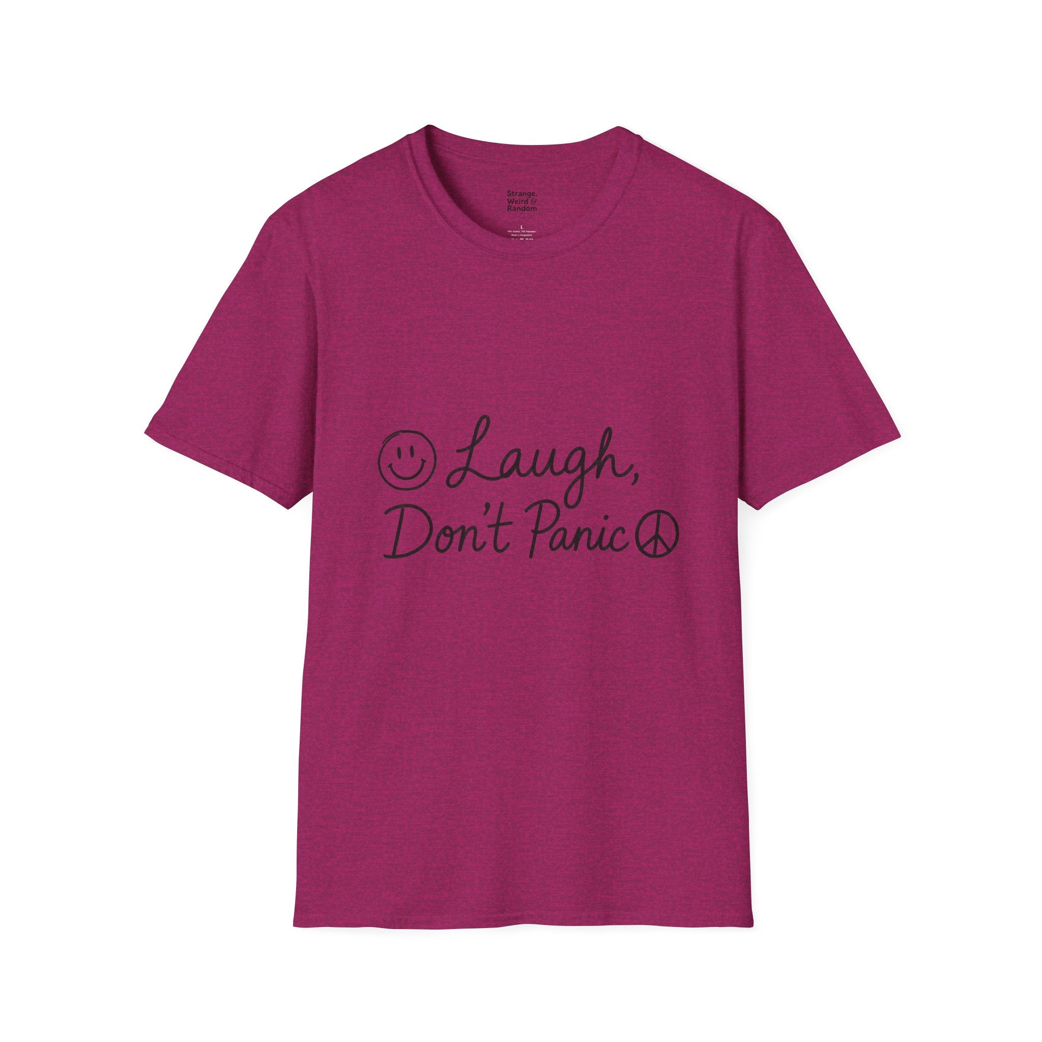Laugh Don't Panic T-Shirt | Smiley Peace Sign Typography