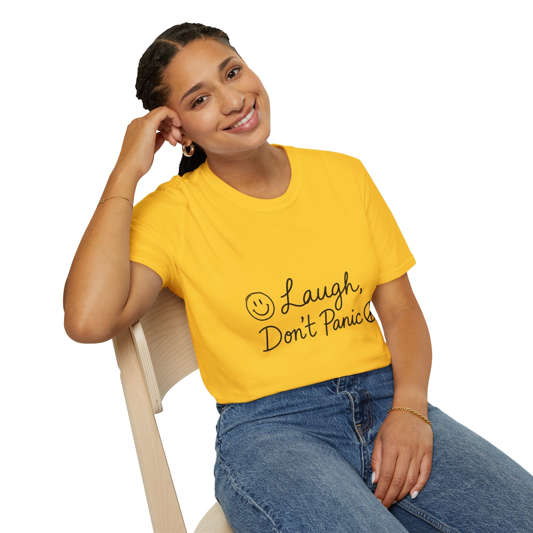 Laugh Don't Panic T-Shirt | Smiley Peace Sign Typography