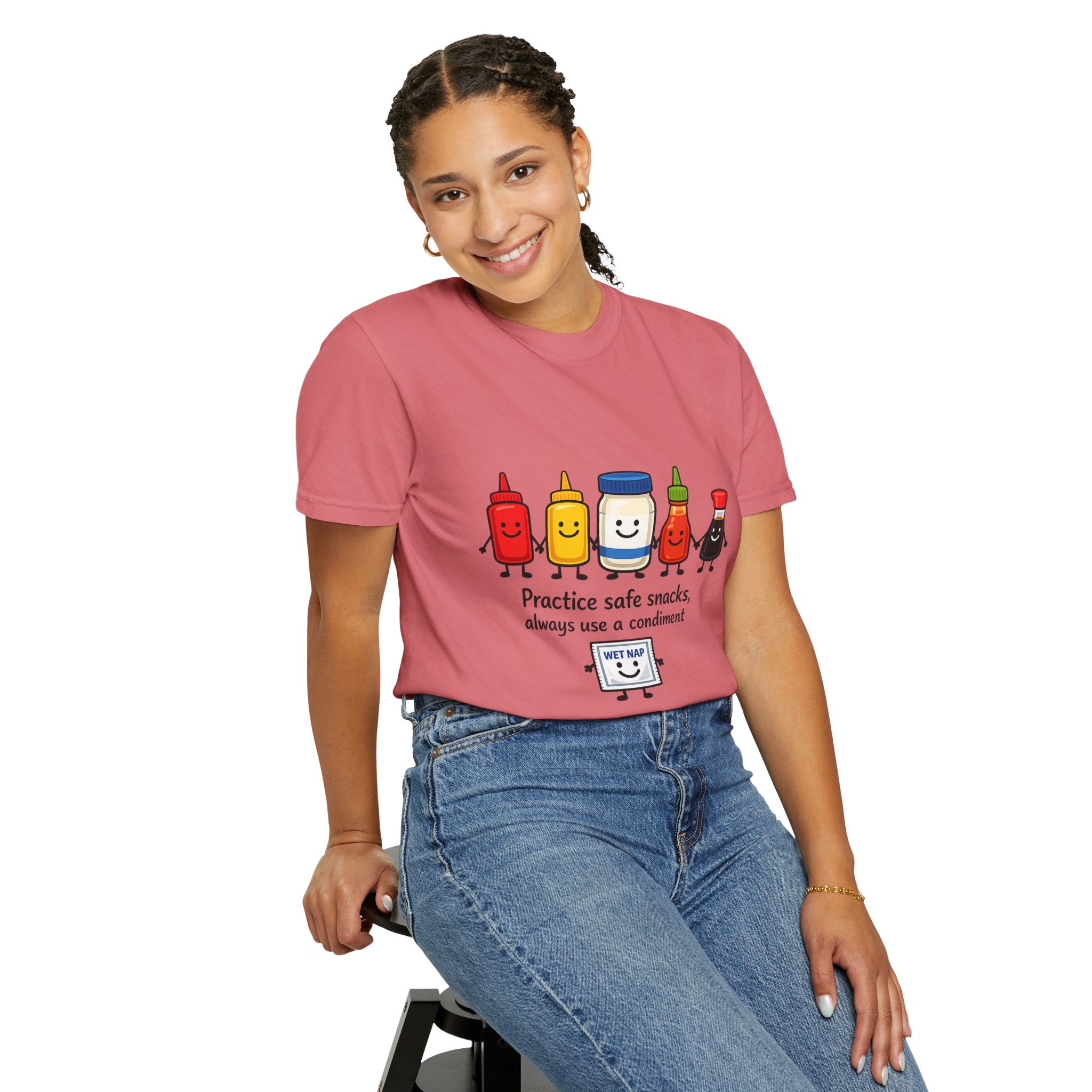 Condom Cartoon T-Shirt — "Practice Safe Snacks" Funny Safe Sex Graphic Tee
