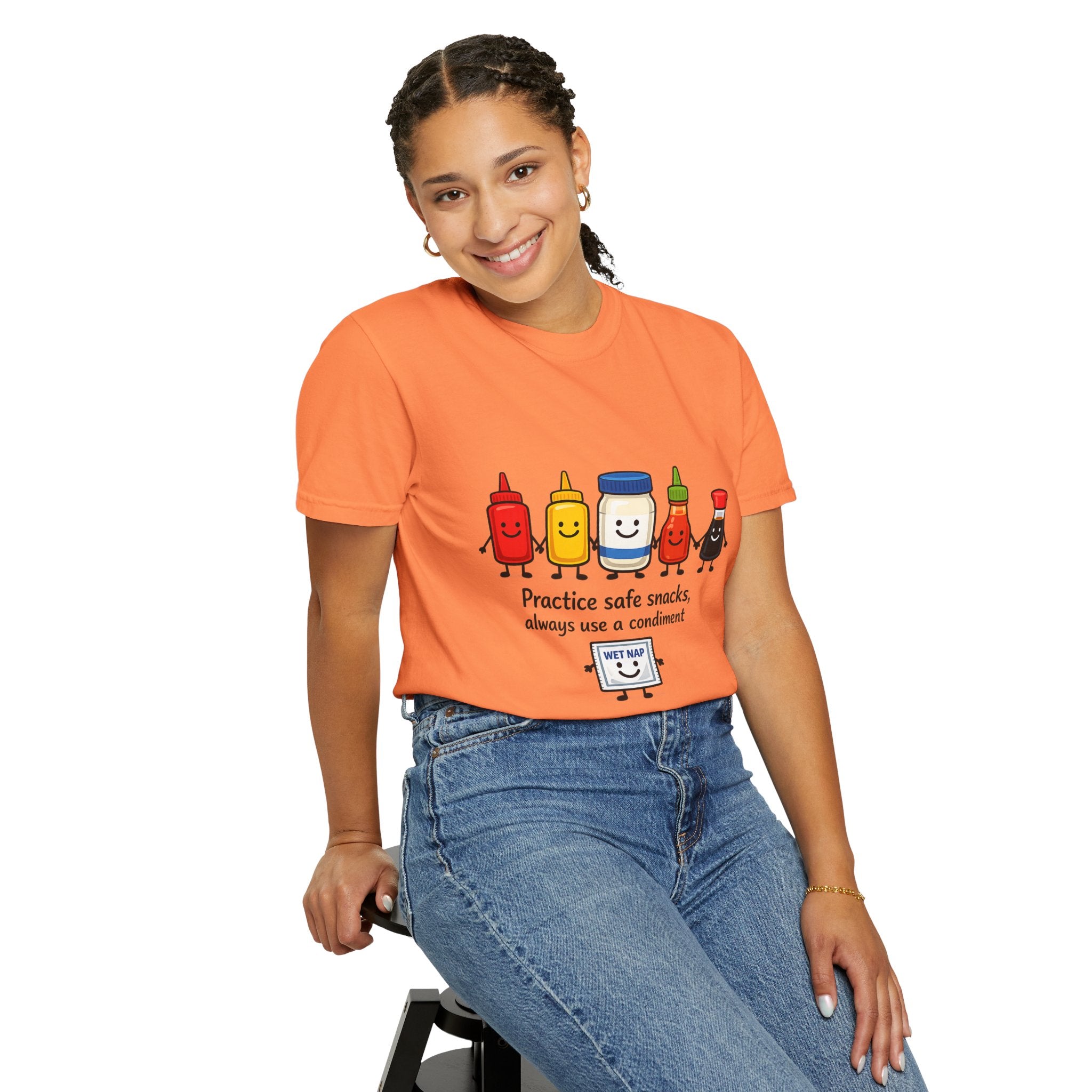 Condom Cartoon T-Shirt — "Practice Safe Snacks" Funny Safe Sex Graphic Tee