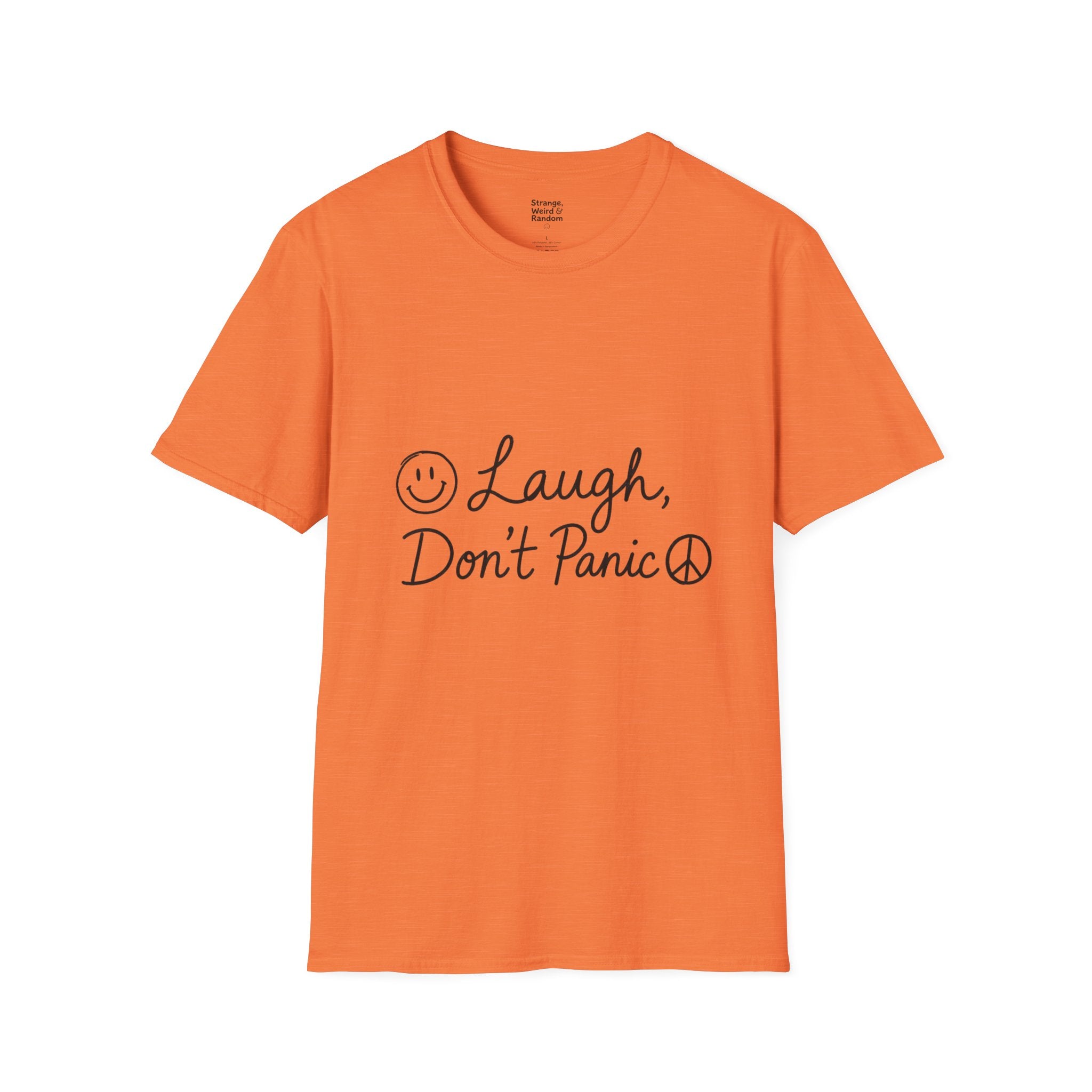Laugh Don't Panic T-Shirt | Smiley Peace Sign Typography