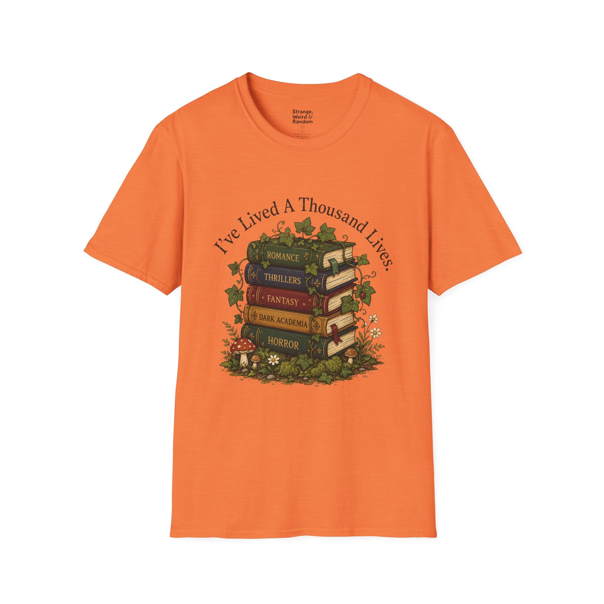 Book Lover T-Shirt — "I've Lived A Thousand Lives" Vintage Stack of Books Design