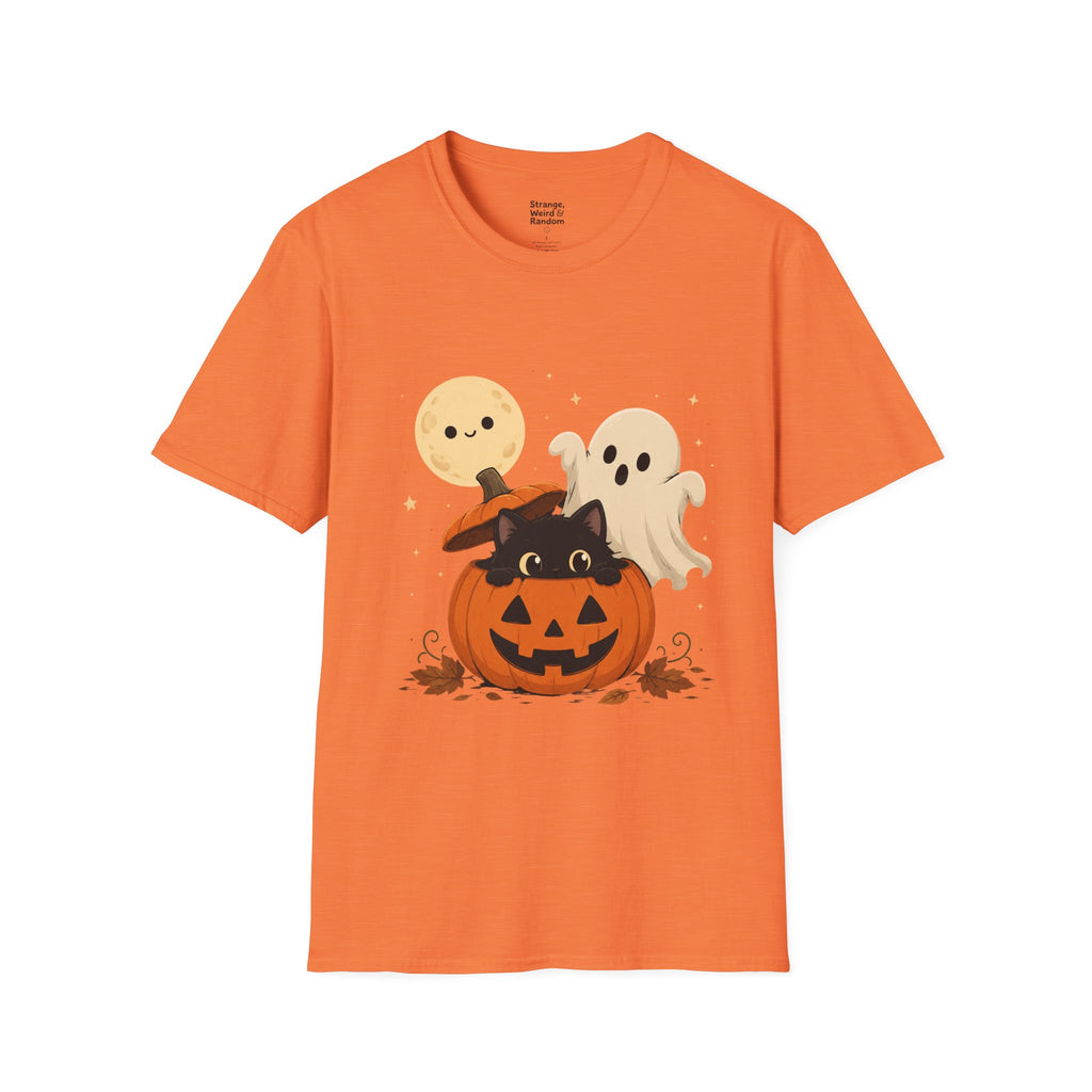 Cute Halloween Pumpkin Tee — Ghost, Moon & Black Cat Graphic T-Shirt