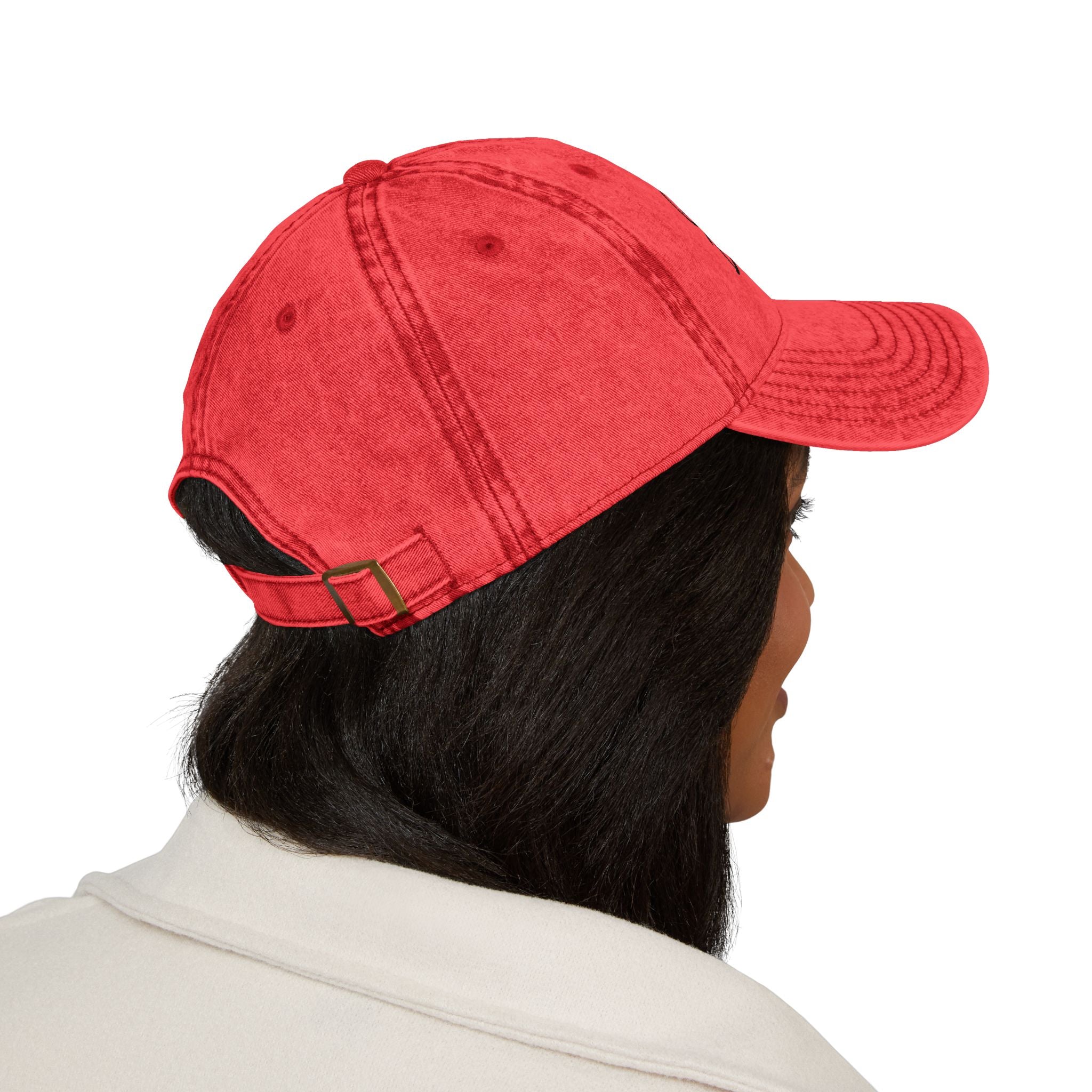 Vintage Embroidered Cap — "Laugh, Don’t Panic" Red Distressed Hat