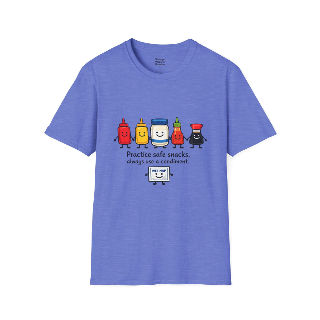 Practice Safe Snacks condiment characters T-Shirt | Ketchup Mustard Peanut Butter Jelly