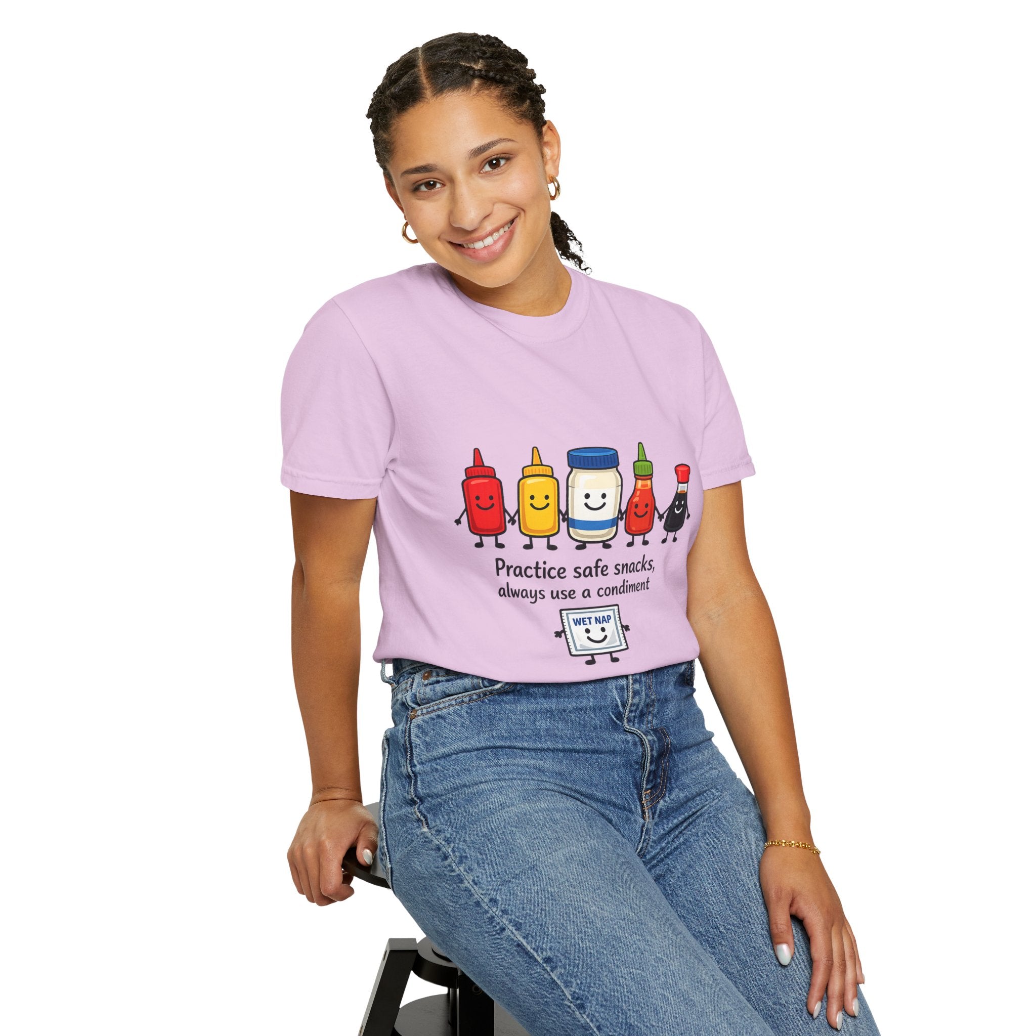 Condom Cartoon T-Shirt — "Practice Safe Snacks" Funny Safe Sex Graphic Tee