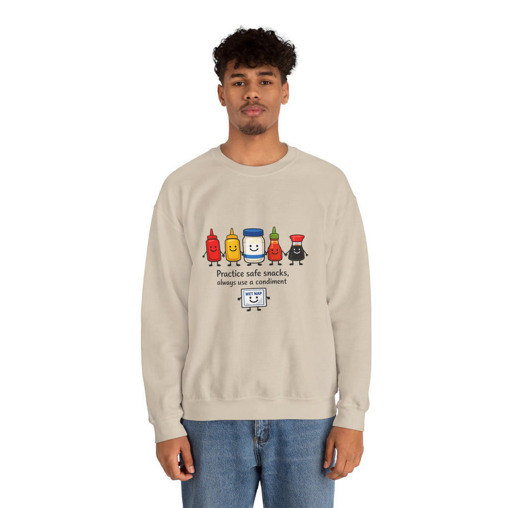 Condiment Cartoon 'Practice Safe Snacks' Sweatshirt | Ketchup Mustard Mayo Funny Food Design