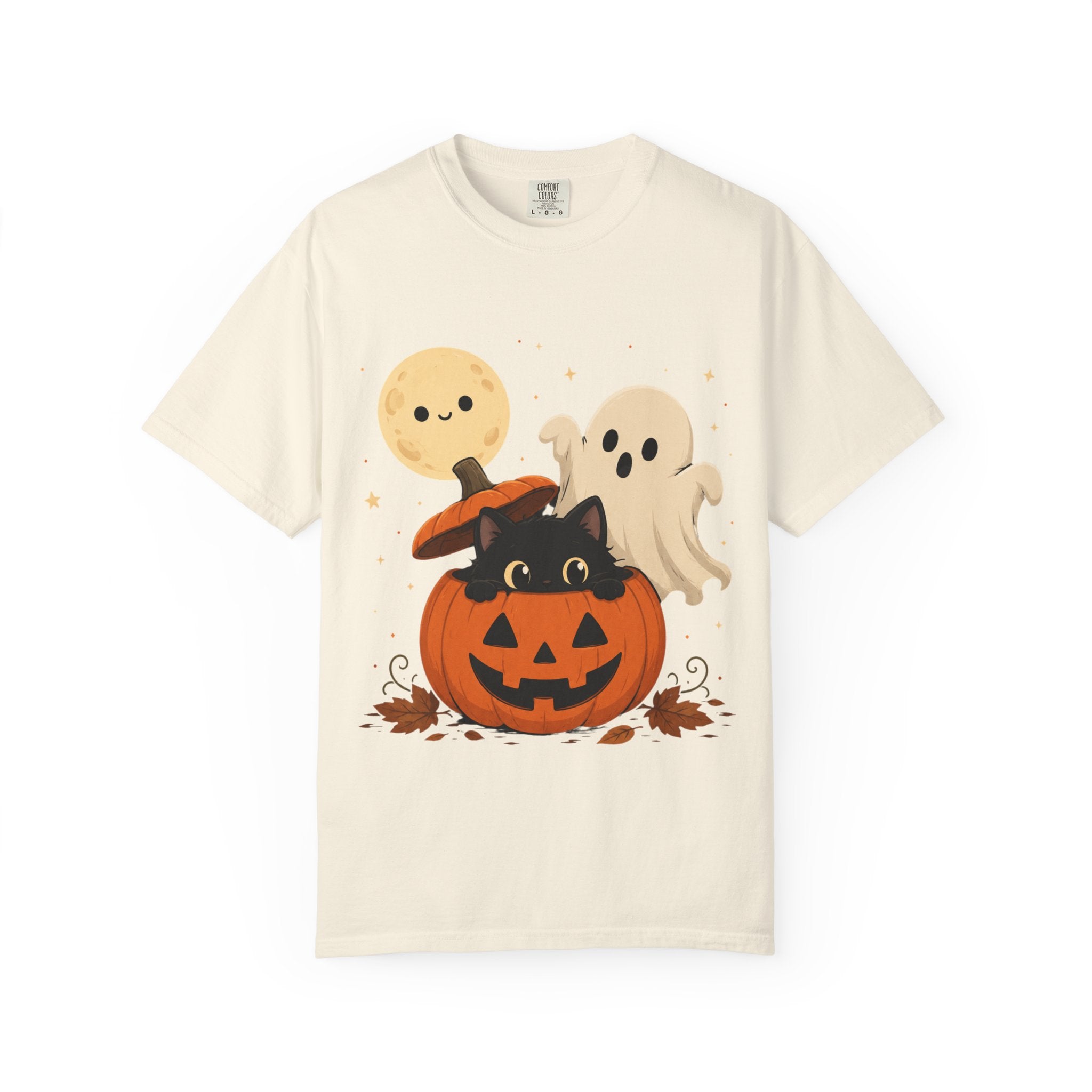 Halloween Cute Pumpkin Cat Tee — Kawaii Ghosts & Moon Graphic T-Shirt