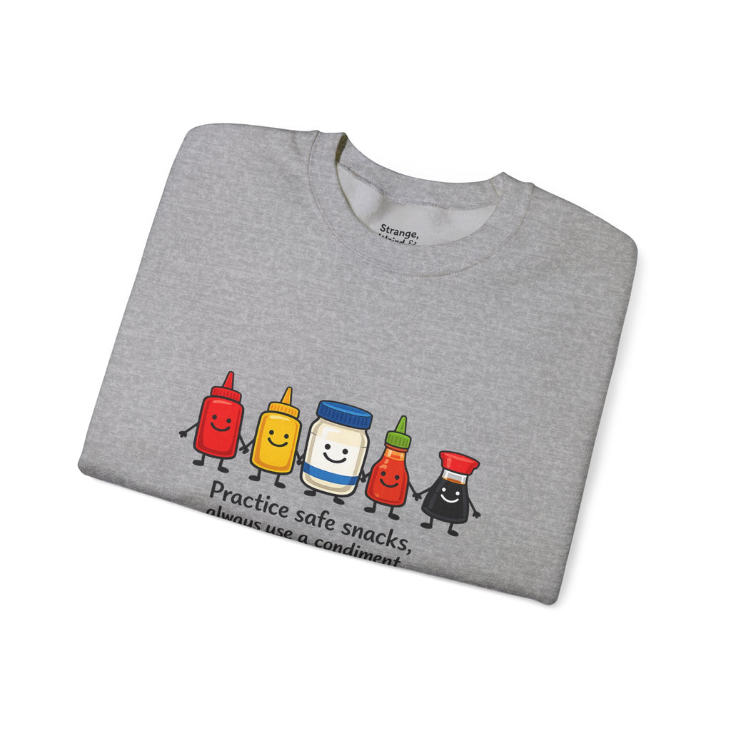 Condiment Cartoon 'Practice Safe Snacks' Sweatshirt | Ketchup Mustard Mayo Funny Food Design