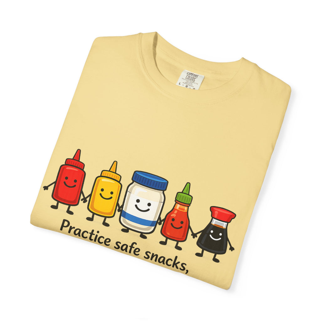 Condom Cartoon T-Shirt — "Practice Safe Snacks" Funny Safe Sex Graphic Tee