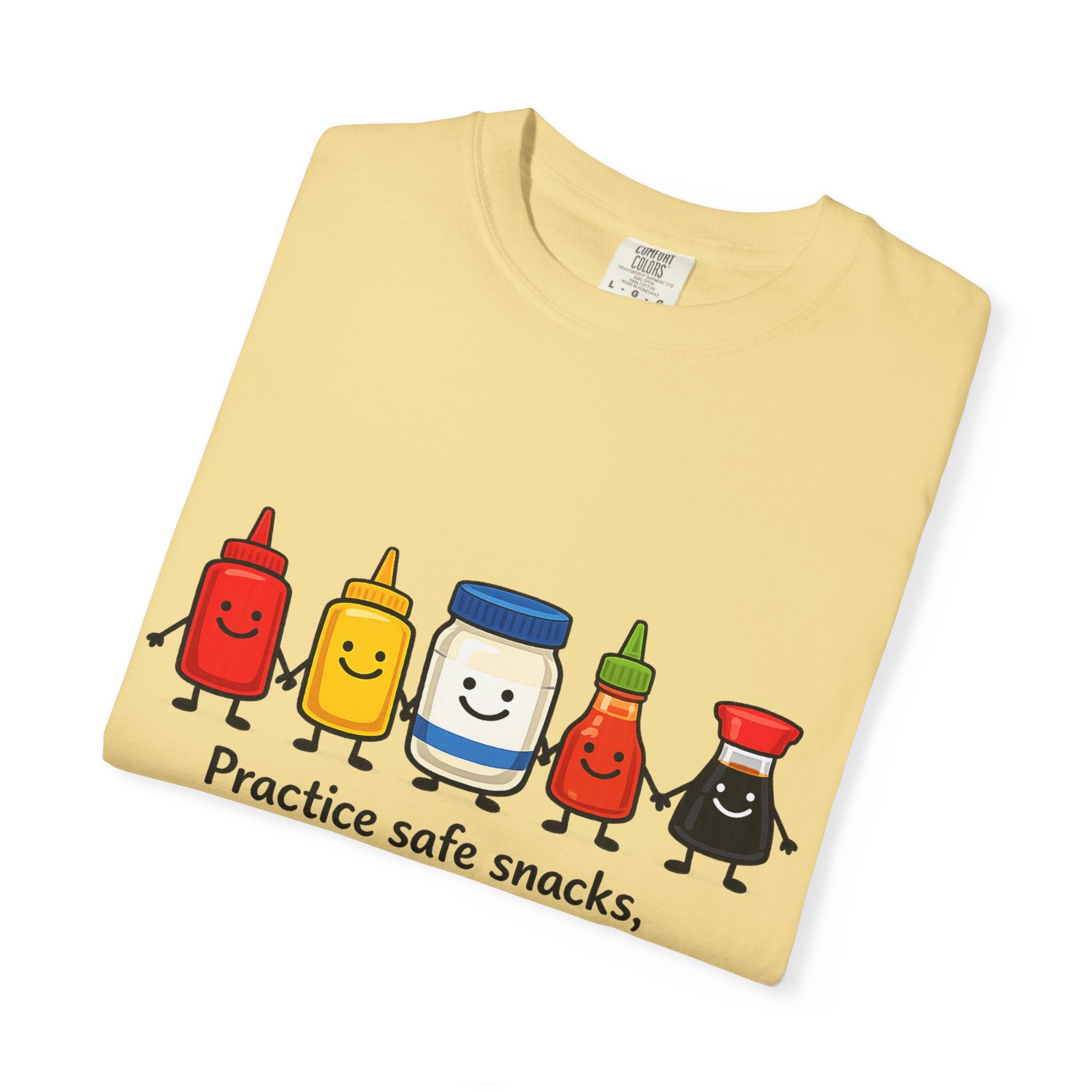 Condom Cartoon T-Shirt — "Practice Safe Snacks" Funny Safe Sex Graphic Tee
