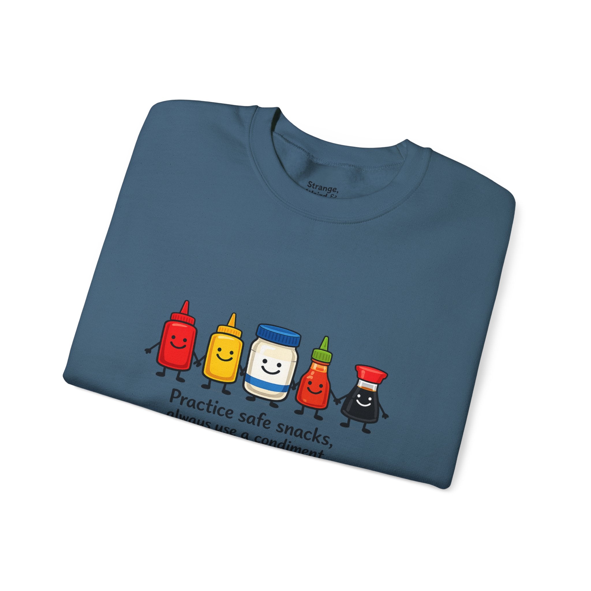 Condiment Cartoon 'Practice Safe Snacks' Sweatshirt | Ketchup Mustard Mayo Funny Food Design