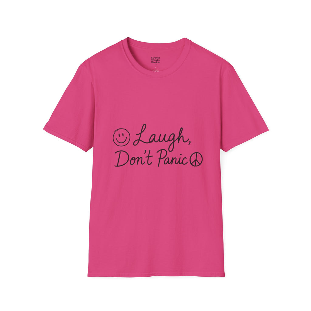 Laugh Don't Panic T-Shirt | Smiley Peace Sign Typography
