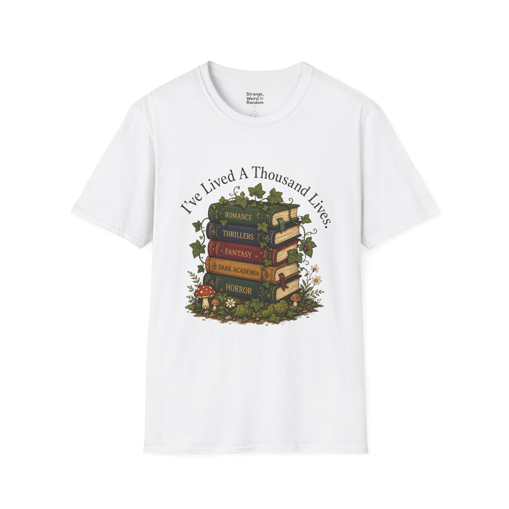 Book Lover T-Shirt — "I've Lived A Thousand Lives" Vintage Stack of Books Design