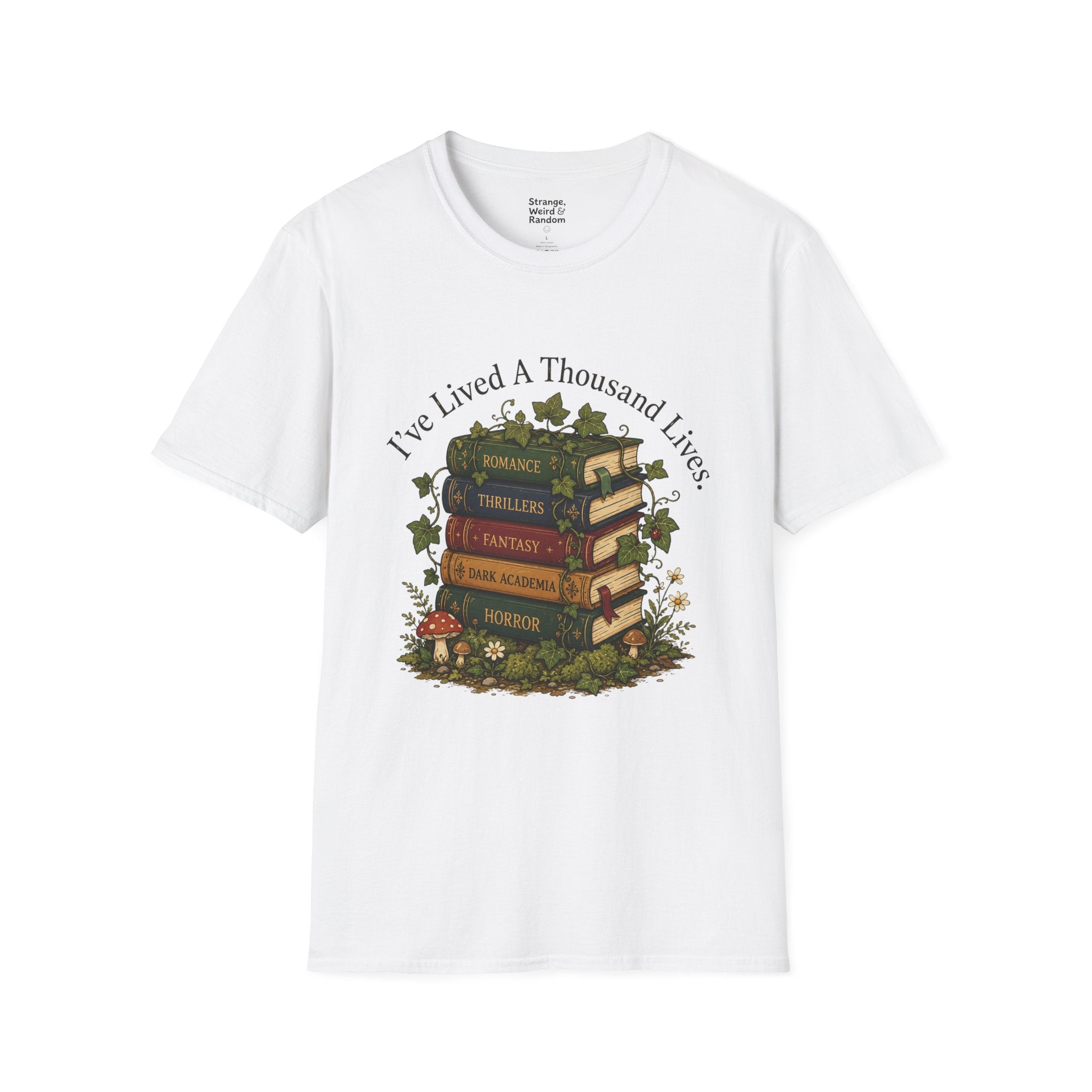 Book Lover T-Shirt — "I've Lived A Thousand Lives" Vintage Stack of Books Design
