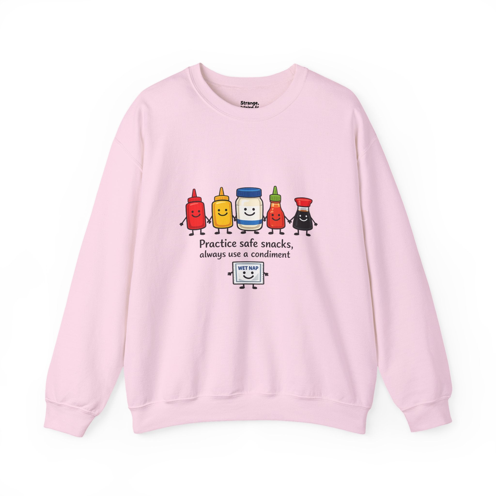 Condiment Cartoon 'Practice Safe Snacks' Sweatshirt | Ketchup Mustard Mayo Funny Food Design