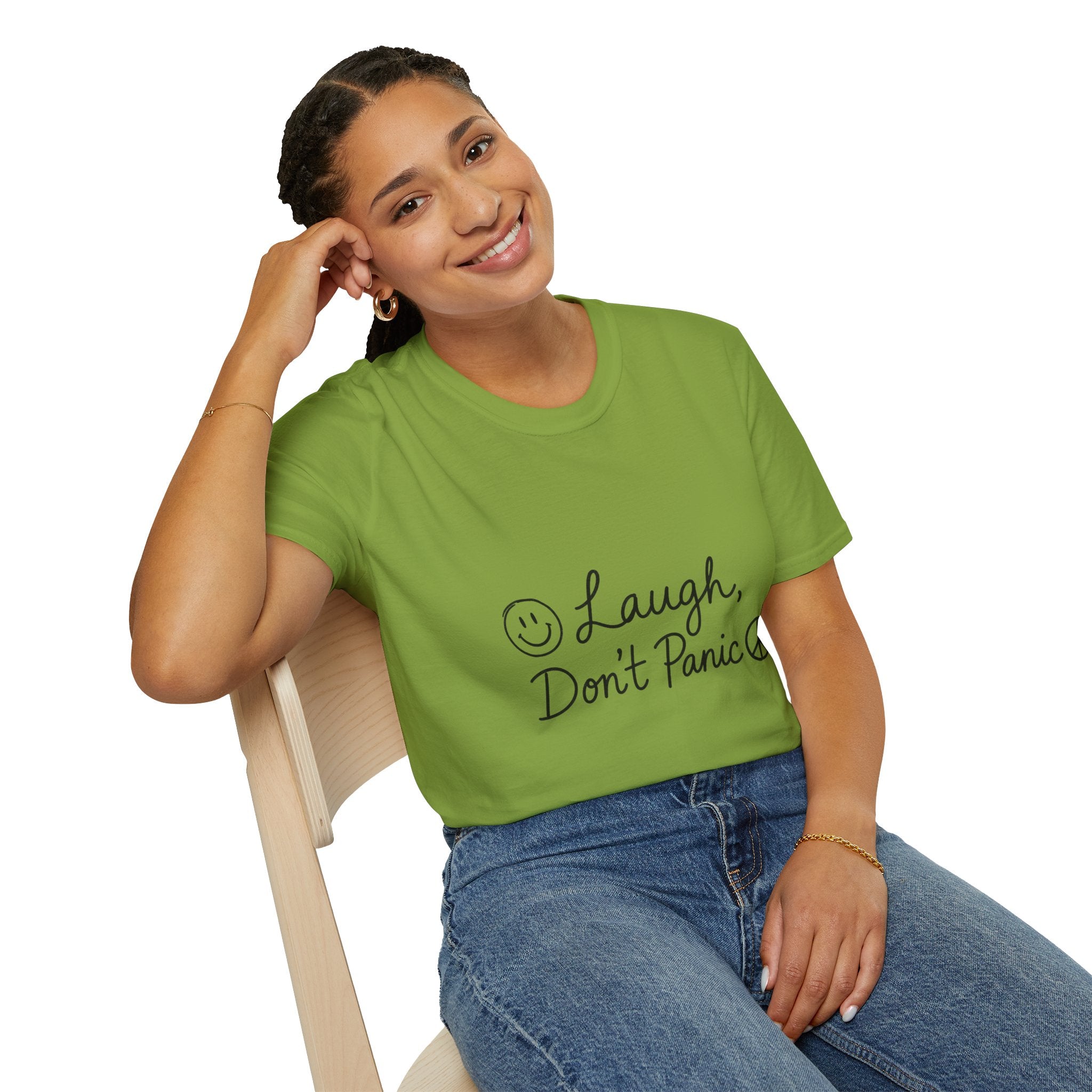 Laugh Don't Panic T-Shirt | Smiley Peace Sign Typography