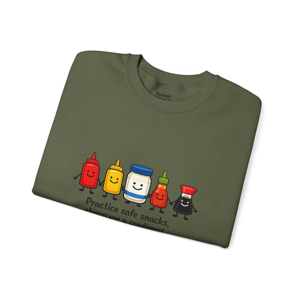 Condiment Cartoon 'Practice Safe Snacks' Sweatshirt | Ketchup Mustard Mayo Funny Food Design