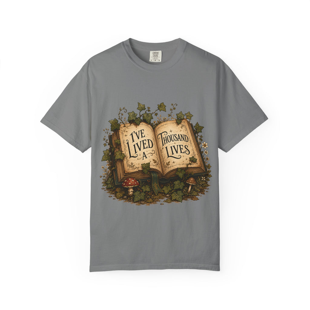 Book Lover T-Shirt — "I've Lived A Thousand Lives" Vintage Open Book Design