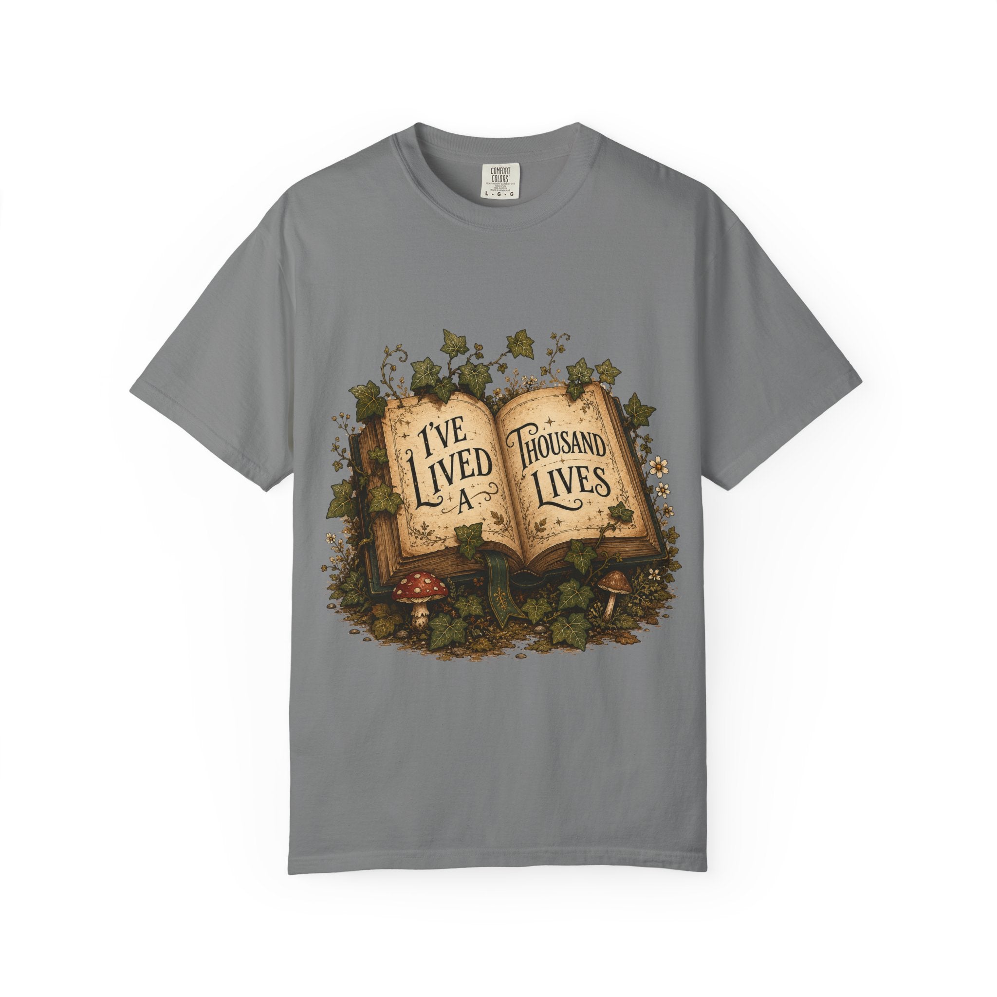 Book Lover T-Shirt — "I've Lived A Thousand Lives" Vintage Open Book Design
