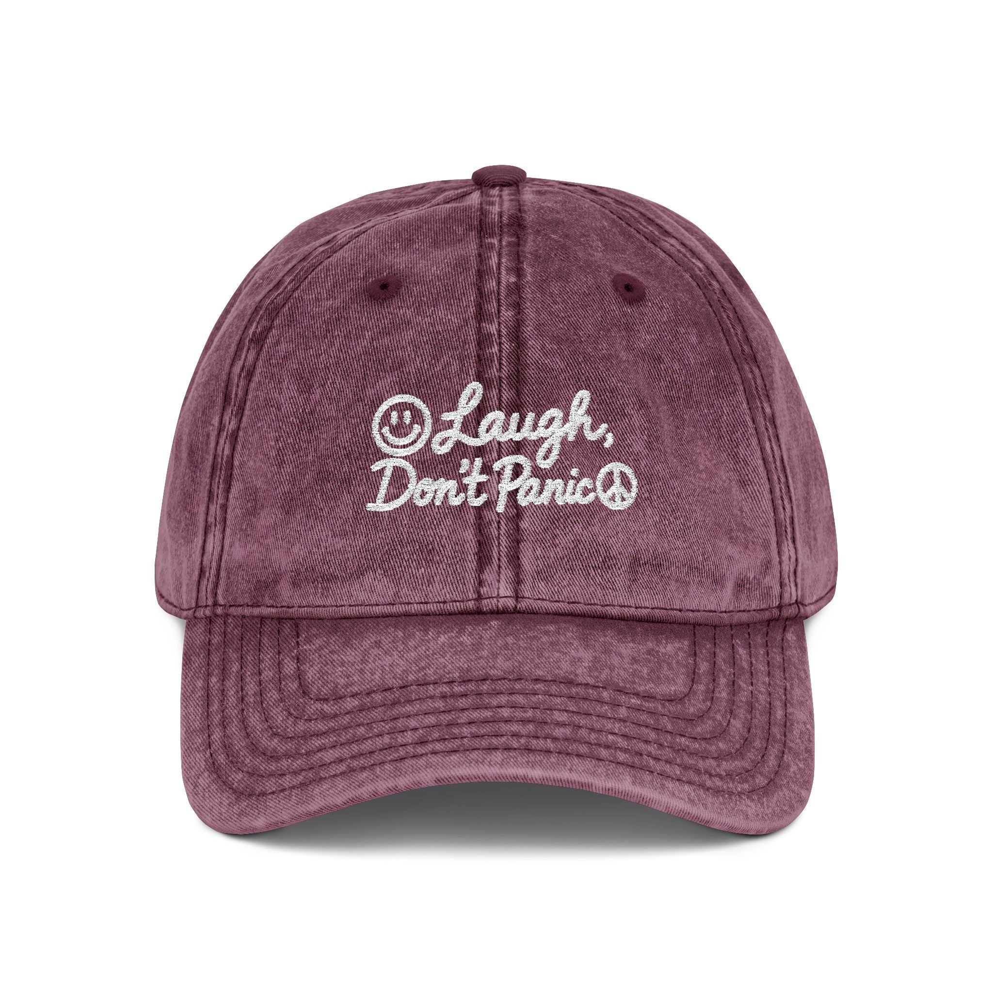 Vintage Red Embroidered Cap – “Laugh Don’t Panic” Smiley Dad Hat