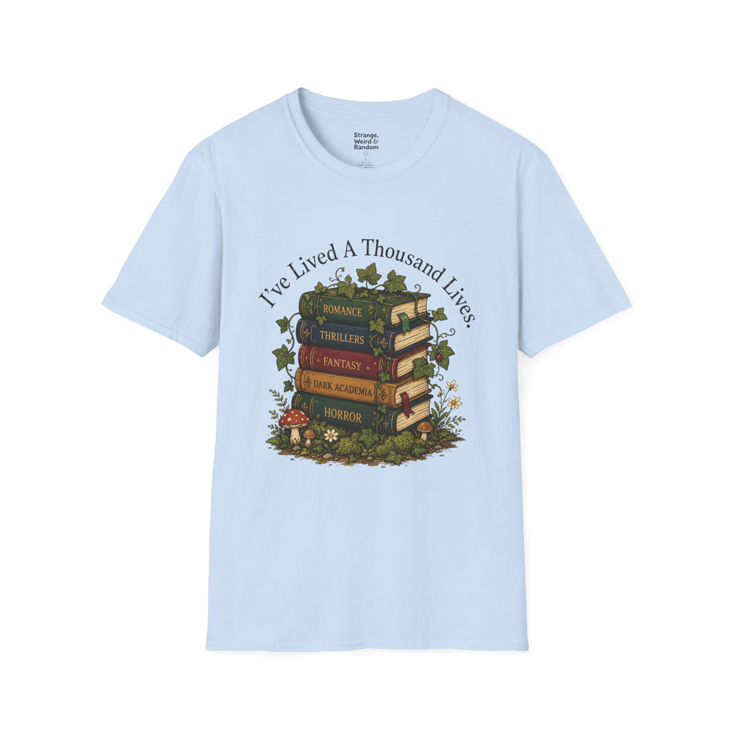 Book Lover T-Shirt — "I've Lived A Thousand Lives" Vintage Stack of Books Design