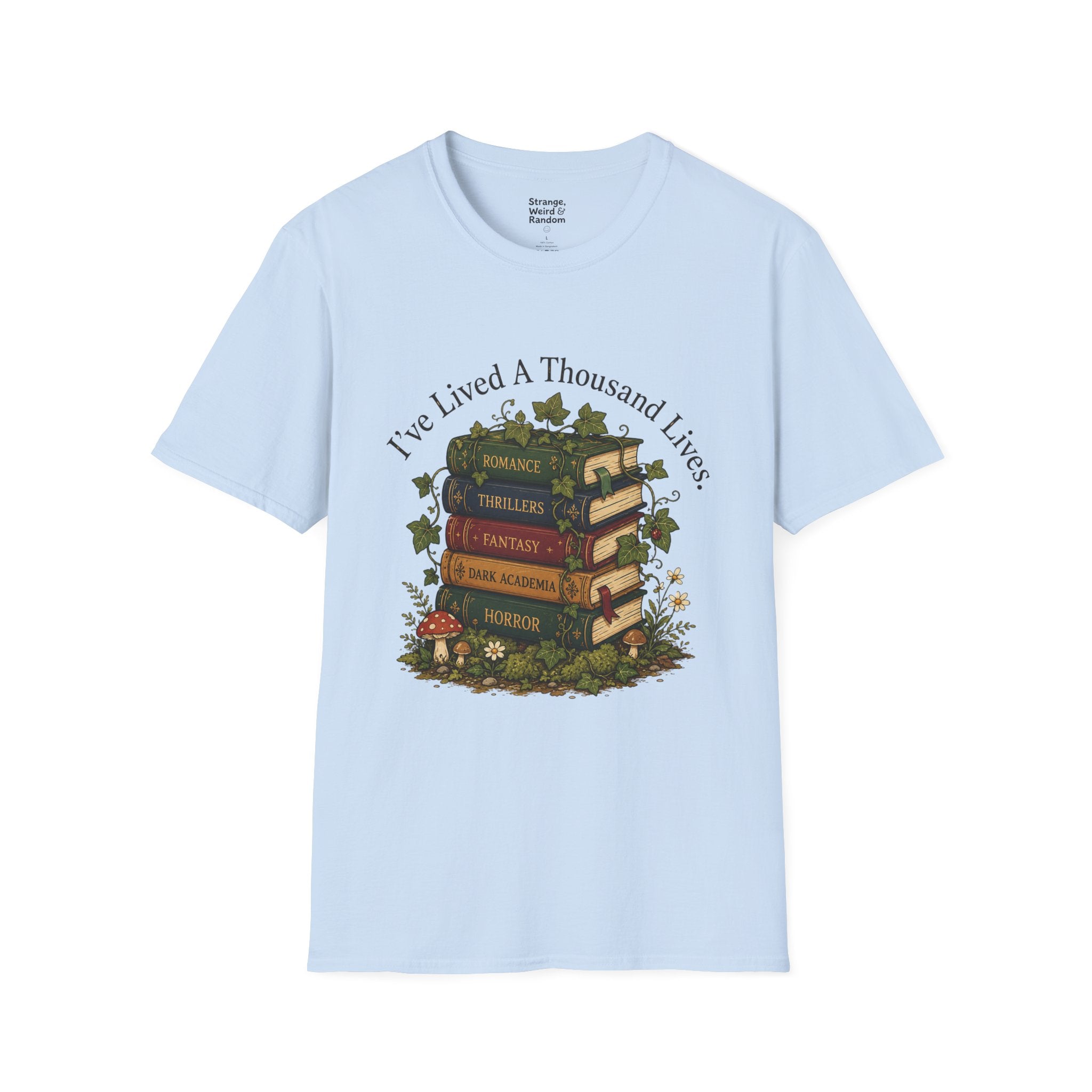 Book Lover T-Shirt — "I've Lived A Thousand Lives" Vintage Stack of Books Design